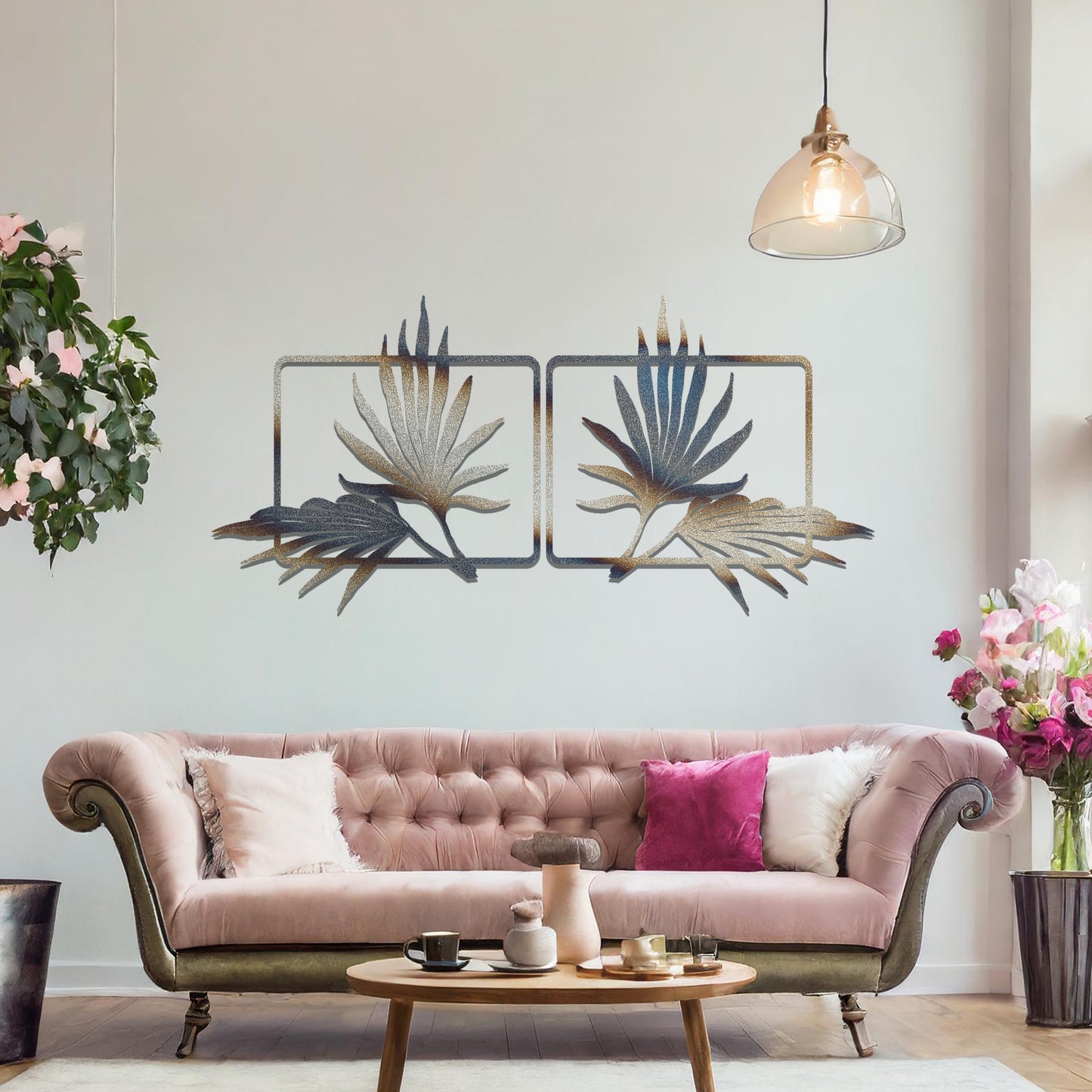 A stunning set of wall art featuring two panels with elegantly detailed bird of paradise leaf designs. Ideal for adding a sophisticated tropical touch to your interior decor.