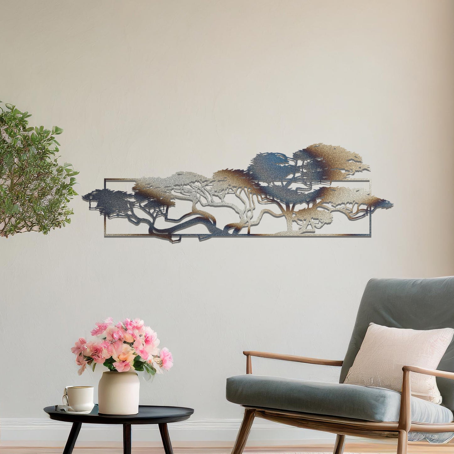 Metal wall art featuring a landscape design of a silhouette of trees with intricate branches, framed within a rectangular panel, crafted with precise laser-cut techniques, displayed on a neutral wall within modern decor.