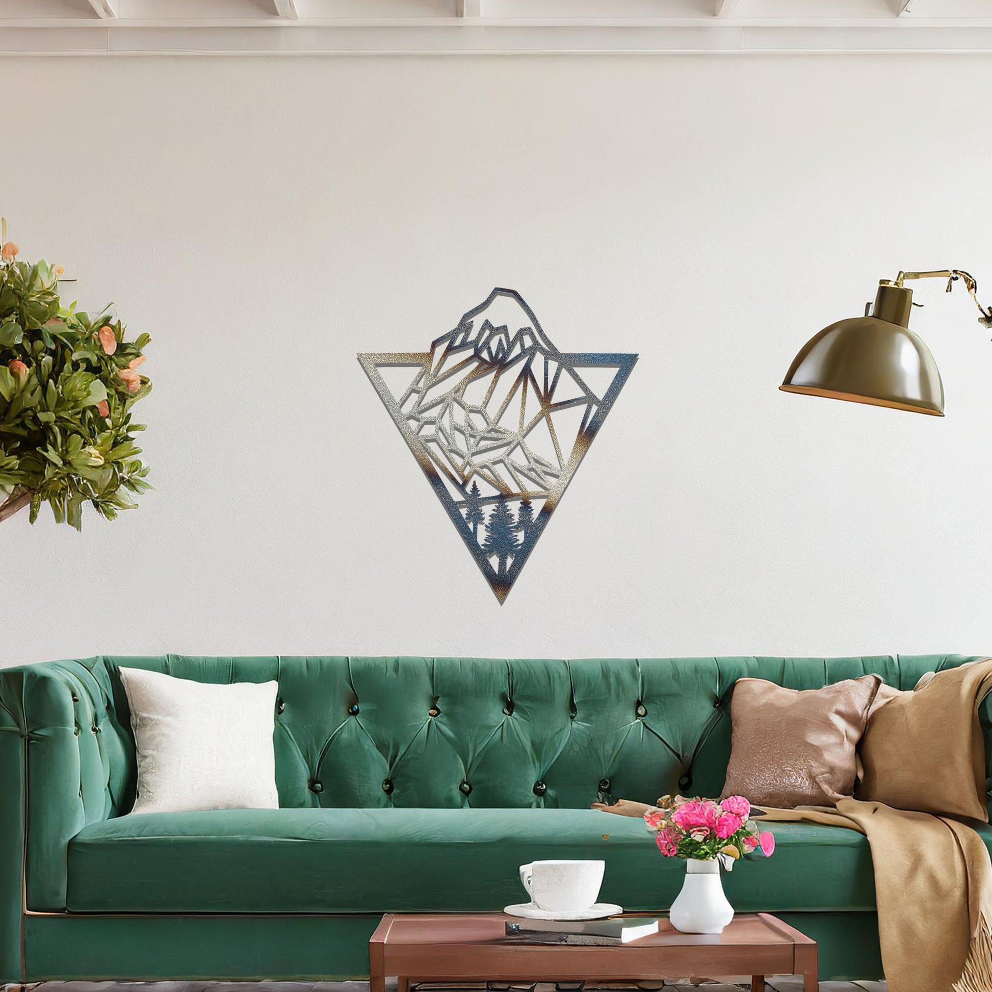 Geometric mountain and forest design within a triangular frame, offering a modern and minimalist aesthetic for a nature-inspired wall art piece.