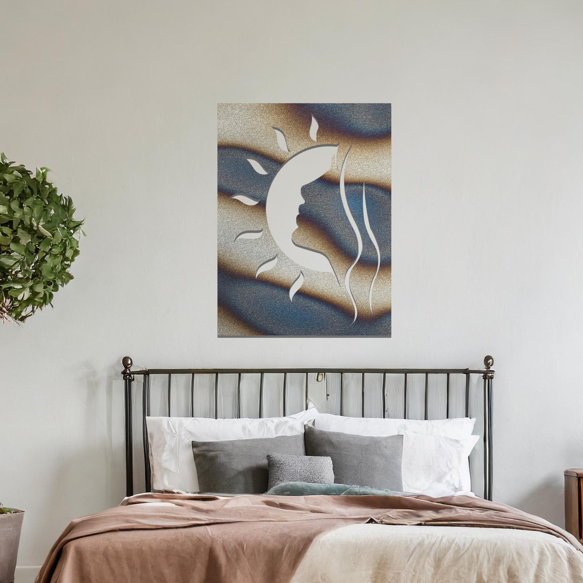 Wall art design featuring the profile of a woman's face combined with a crescent moon and sun rays, creating a harmonious celestial-themed silhouette.