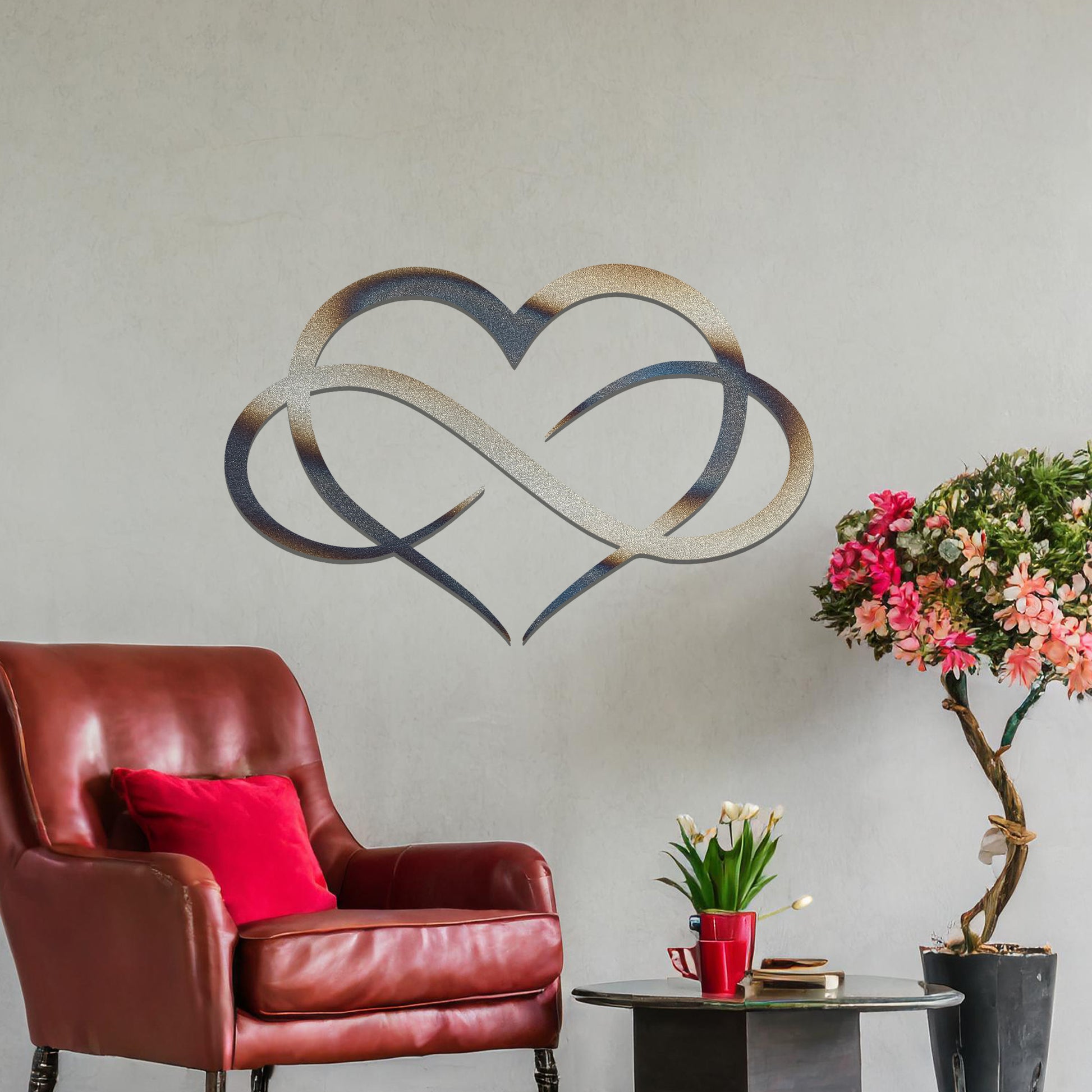 Infinity love heart design with smooth, intertwining curves symbolising eternal love and connection, presented in a bold and minimalist style, perfect for adding a touch of elegance to any space.