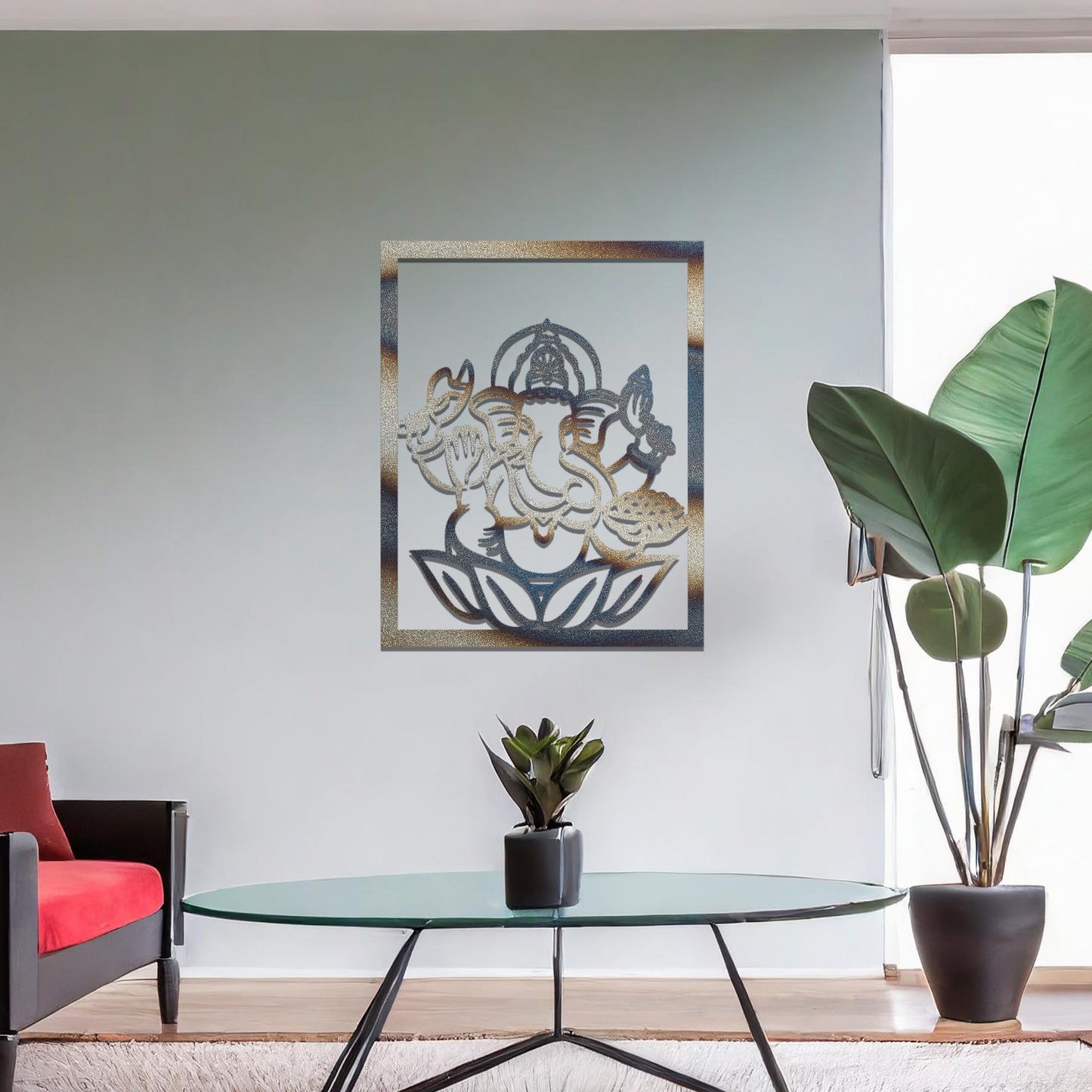 Metal wall art featuring a rectangular design of Lord Ganesha sitting on a lotus, showcasing intricate detailing of the deity's form and symbolic elements, mounted on a neutral wall within modern room decor. The craftsmanship adds a spiritual and artistic touch to the space.