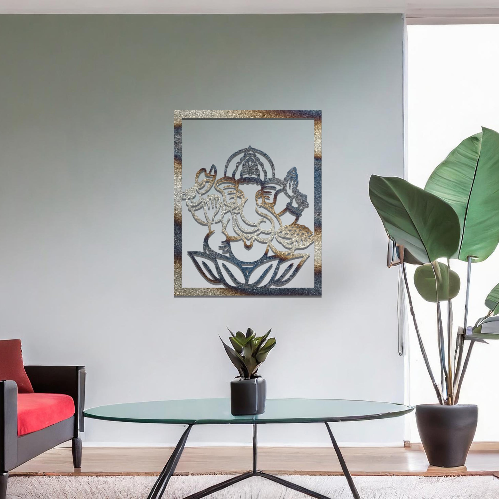 Metal wall art featuring a rectangular design of Lord Ganesha sitting on a lotus, showcasing intricate detailing of the deity's form and symbolic elements, mounted on a neutral wall within modern room decor. The craftsmanship adds a spiritual and artistic touch to the space.