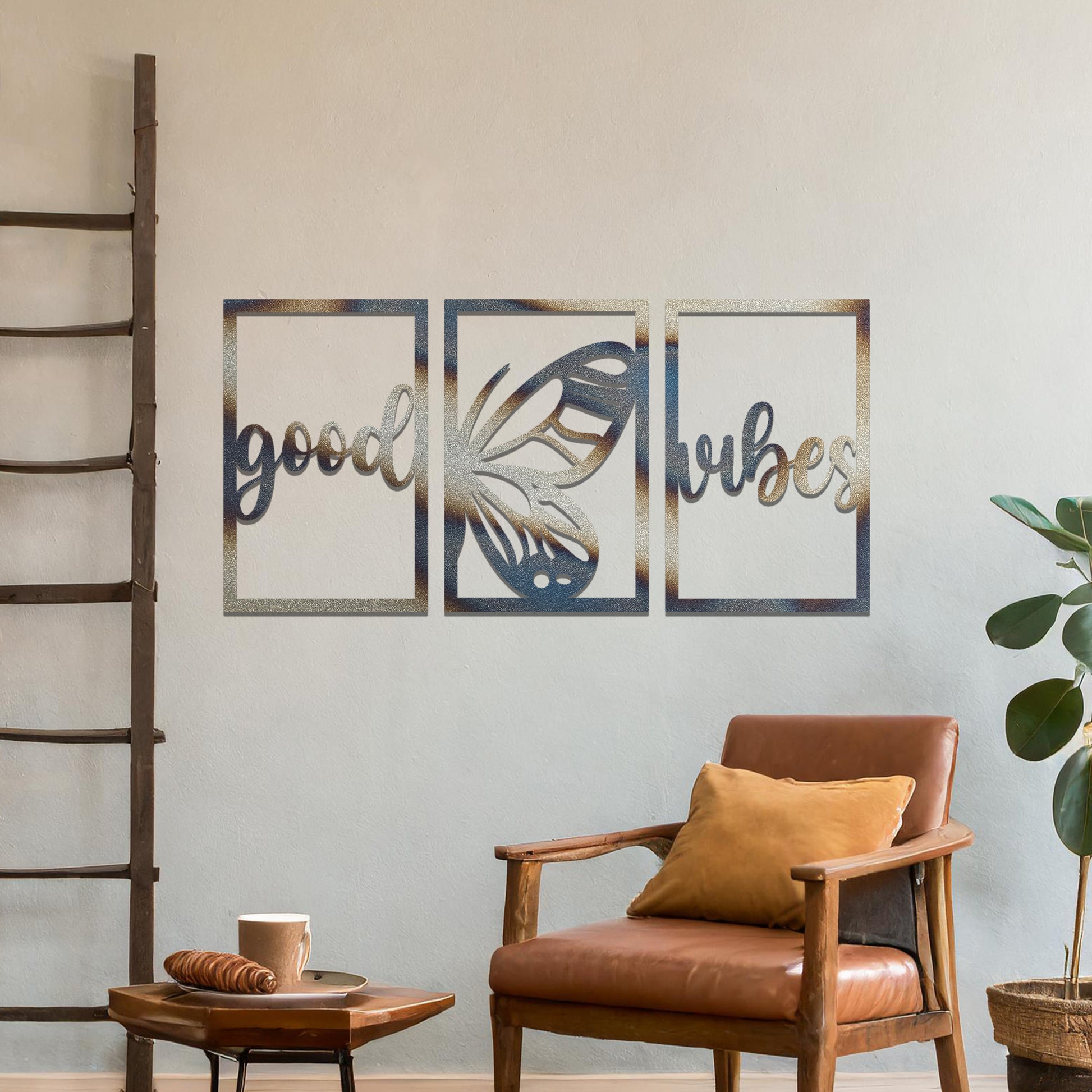 A charming triptych wall art design with a "good vibes" script and a central butterfly illustration. Perfect for creating a positive and uplifting atmosphere in your living space.