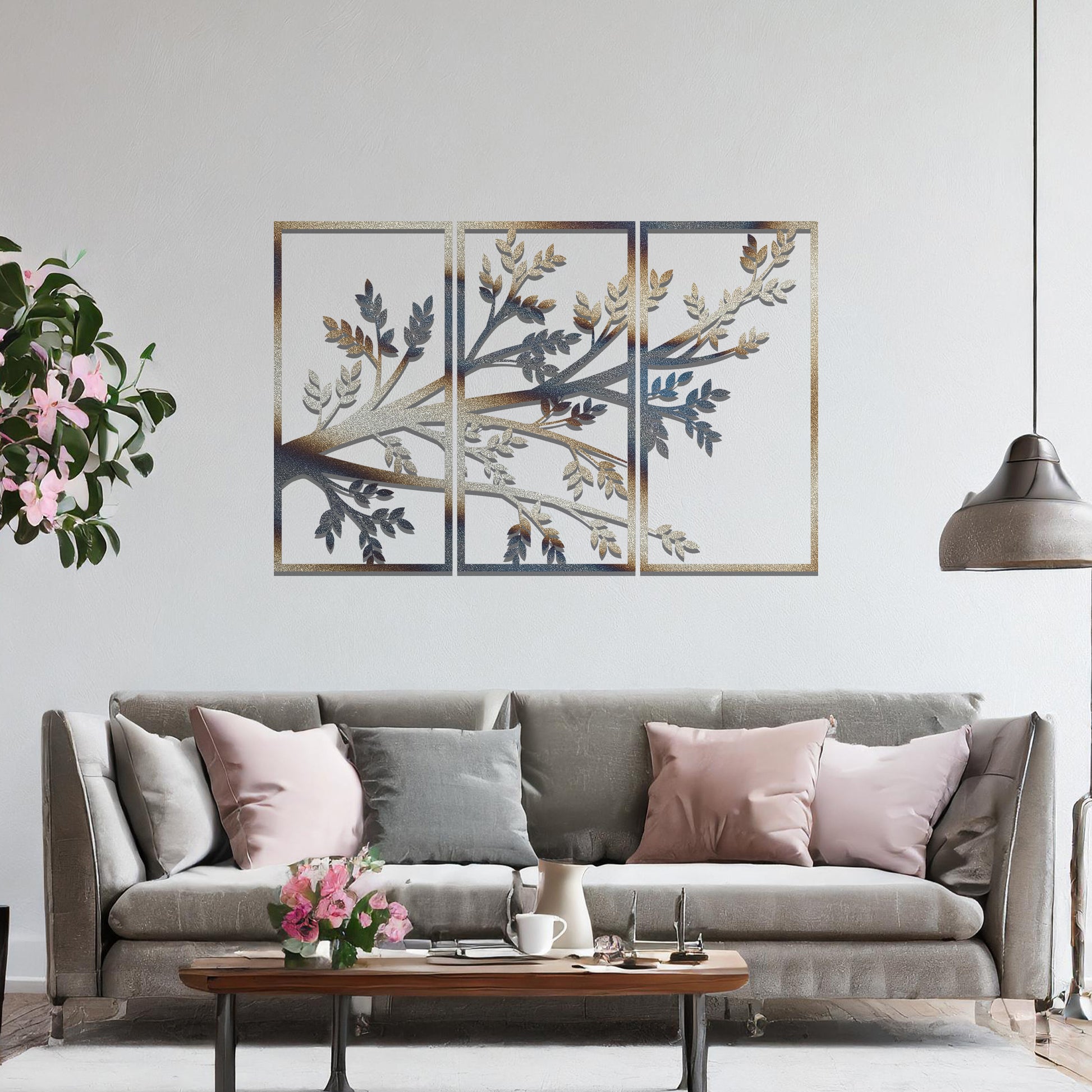A three-panel artwork featuring an intricate branch design adorned with detailed leaves, creating a captivating and natural aesthetic. Perfect for enhancing any wall space with elegance.