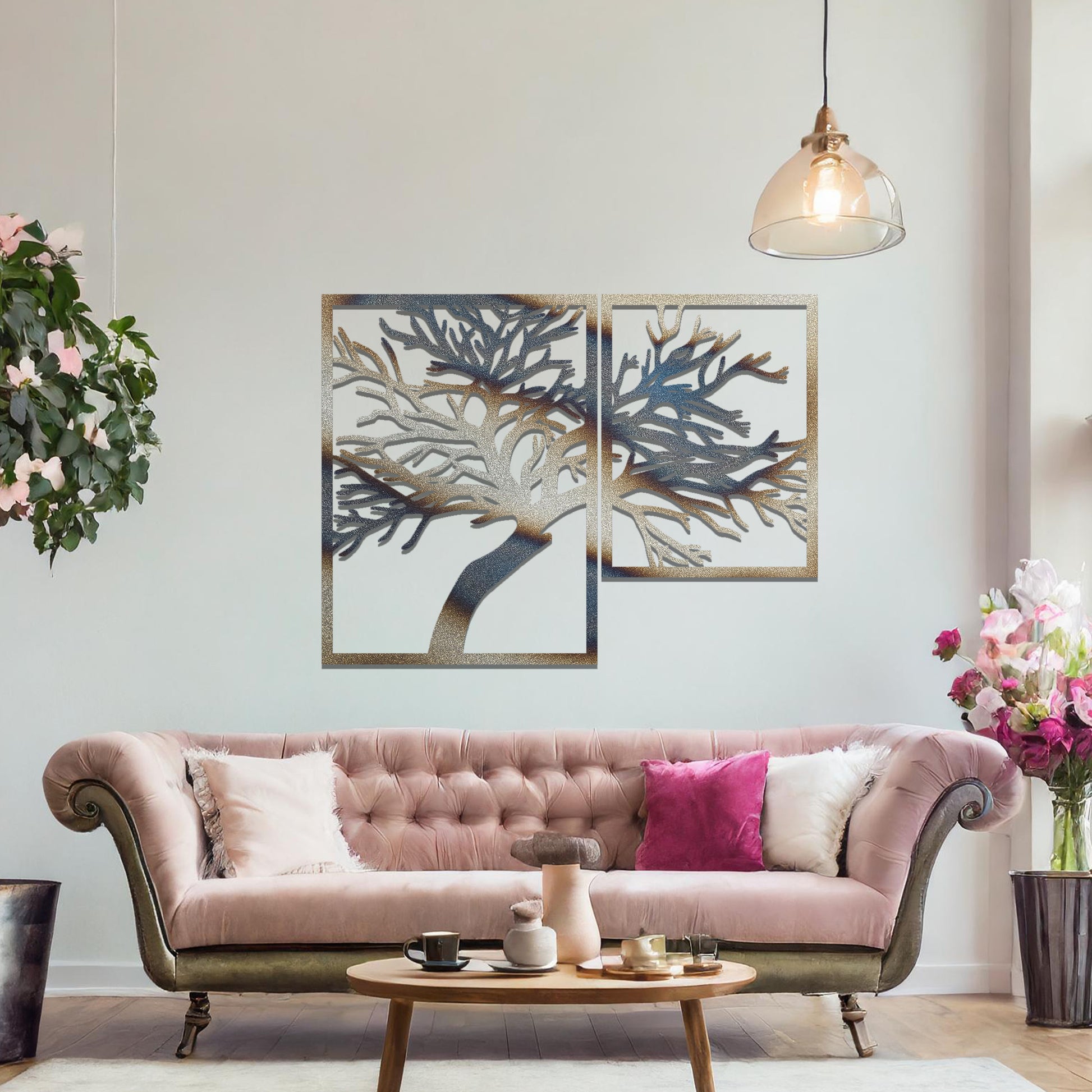 Metal wall art featuring a two-panel design with an intricate tree silhouette, mounted on a neutral wall within modern bedroom decor. The rust finish adds warmth, and the detailed branches create a beautiful and organic focal point.