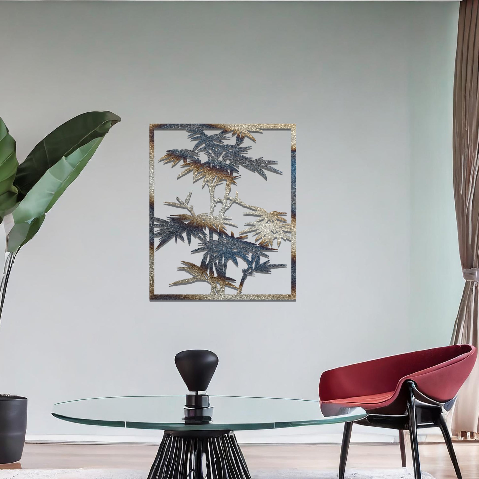 Metal wall art featuring a rectangular design of bamboo stalks with detailed leaves, creating an elegant and nature-inspired accent for the living space.