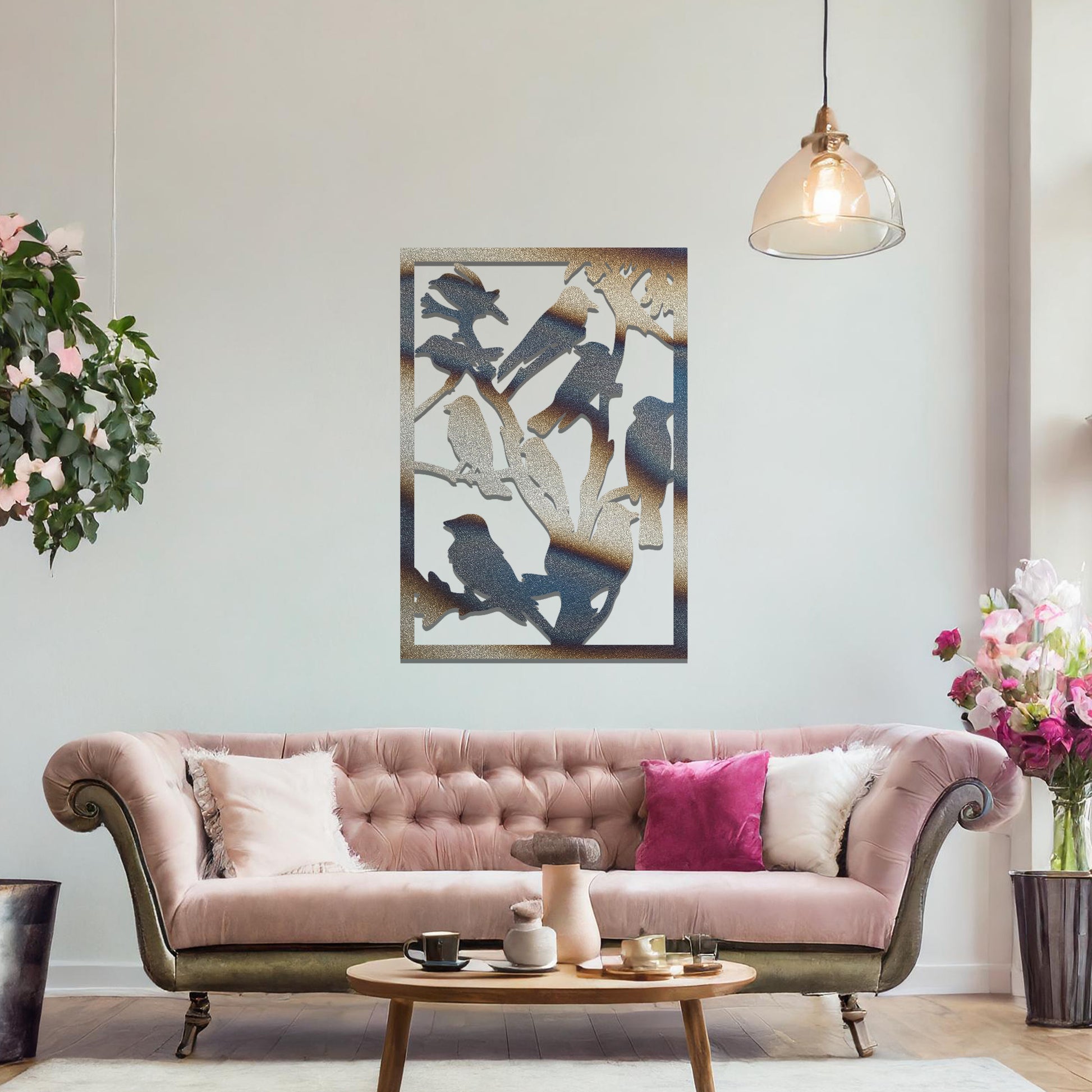 A beautifully crafted wall art featuring a flock of birds perched on branches, showcasing nature's harmony and elegance. A perfect addition to enhance your space with a touch of serenity and charm.