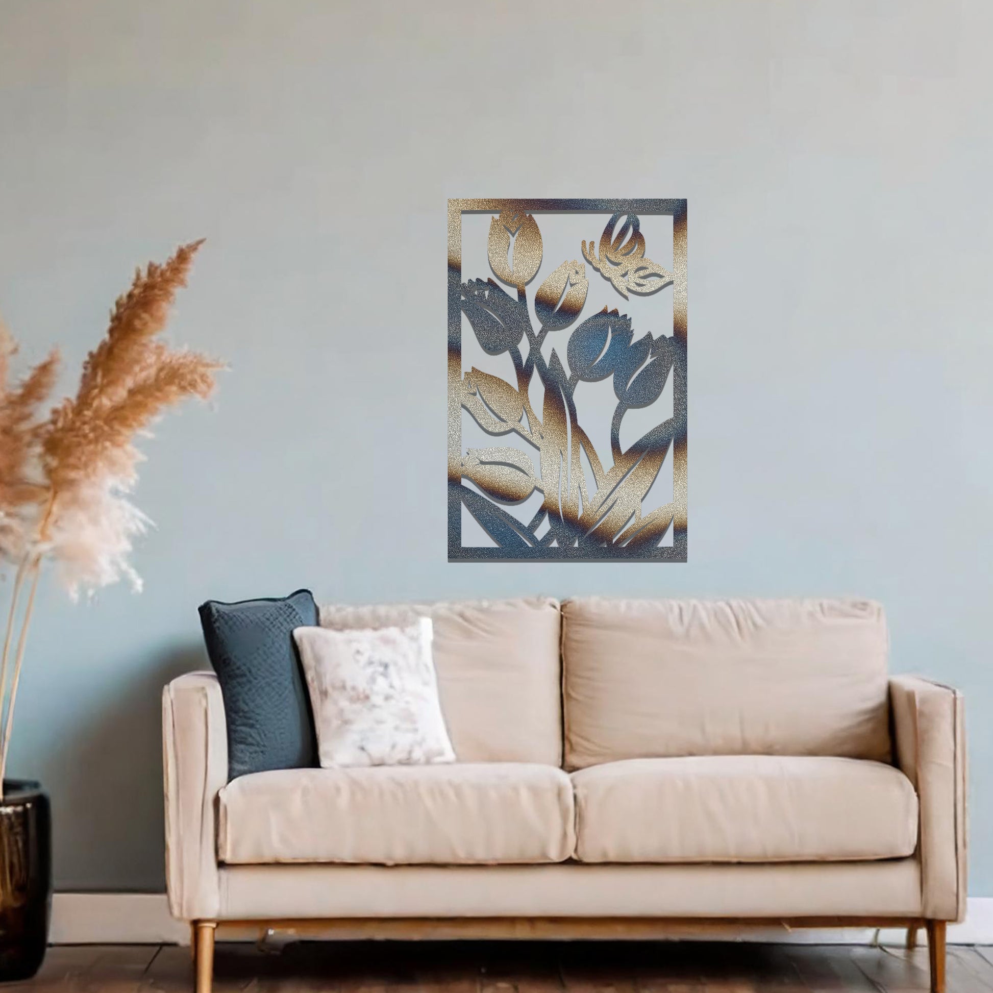 Metal wall art depicting tulips with a butterfly hovering above them. The design captures the beauty of nature, placed on a neutral wall within modern room decor, enhancing the fresh and vibrant feel of the space.