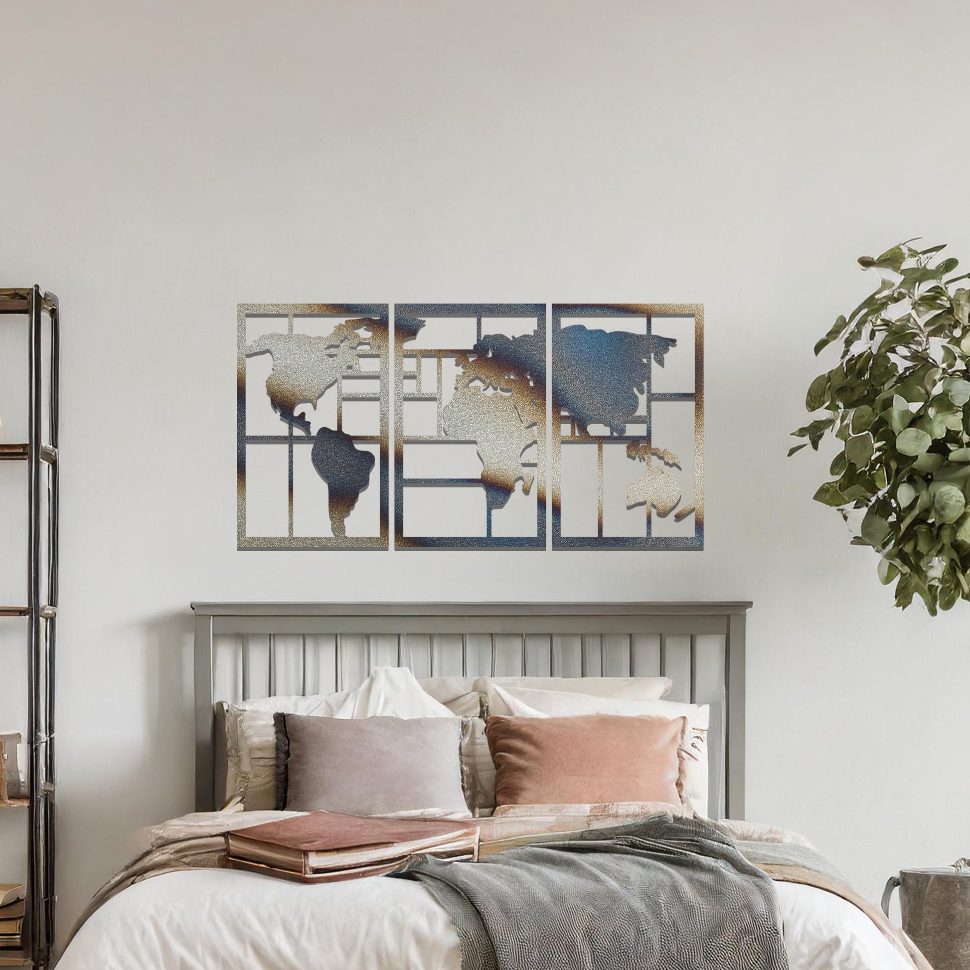 Metal wall art featuring a three-panel design of a world map with geometric patterns. The map is displayed in a contemporary layout, and the art is placed on a neutral wall within modern room decor, offering a stylish global touch to the space.