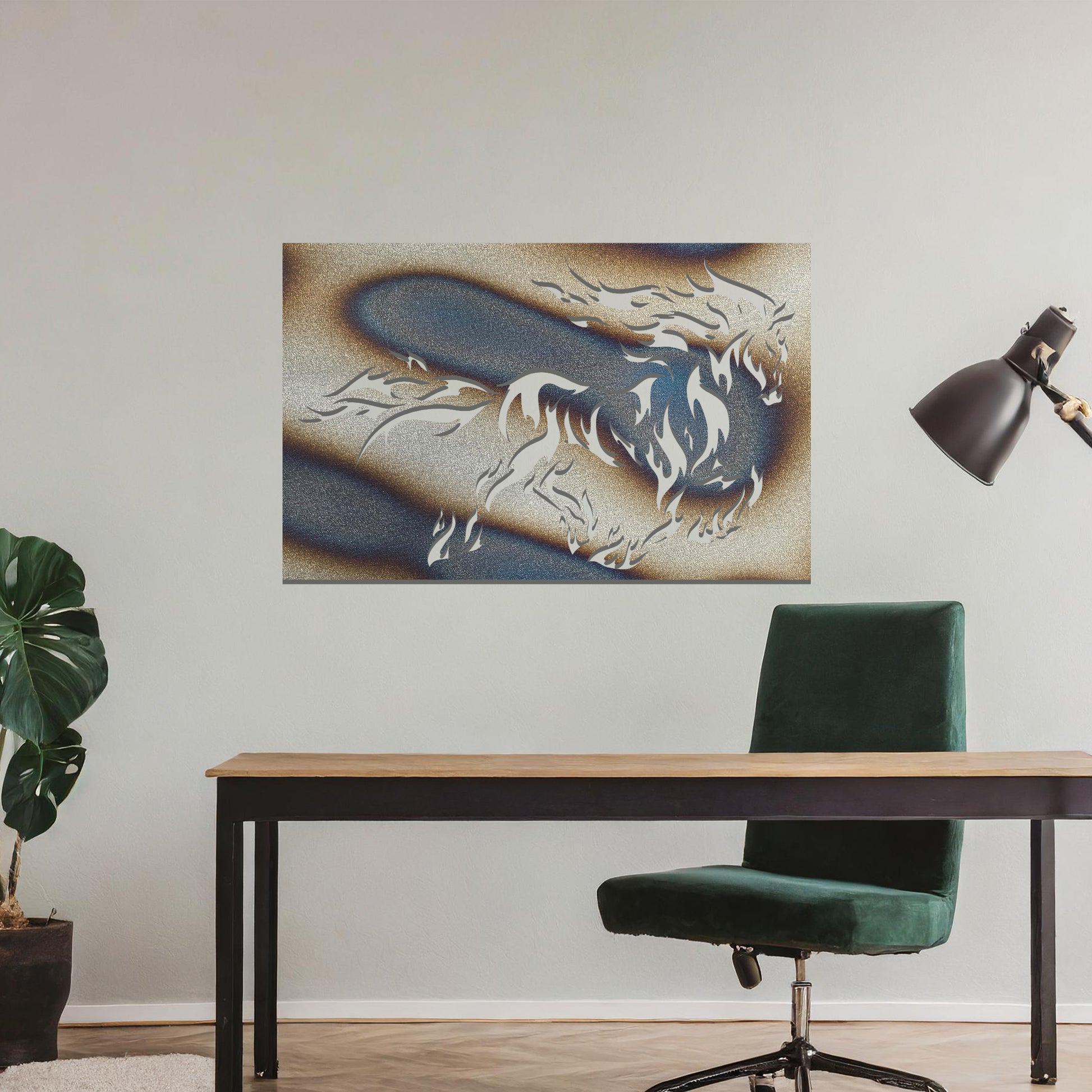 A metal wall art design featuring a powerful horse in motion, with flames integrated into its mane and tail, creating a dynamic and dramatic effect. The artwork is displayed on a neutral wall within a modern setting, enhancing the space's bold, stylish look.