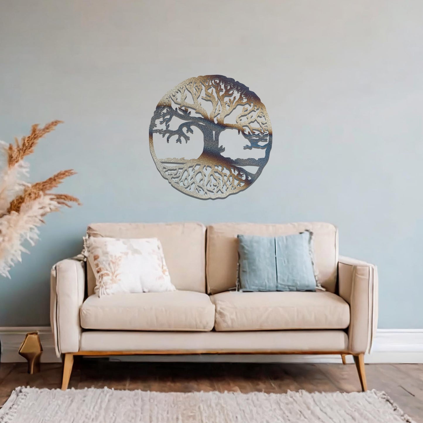 A captivating tree of life design enclosed in a circular frame, highlighting intricate branches and roots. This wall art symbolises harmony, growth, and connection, making it a meaningful addition to any interior space.