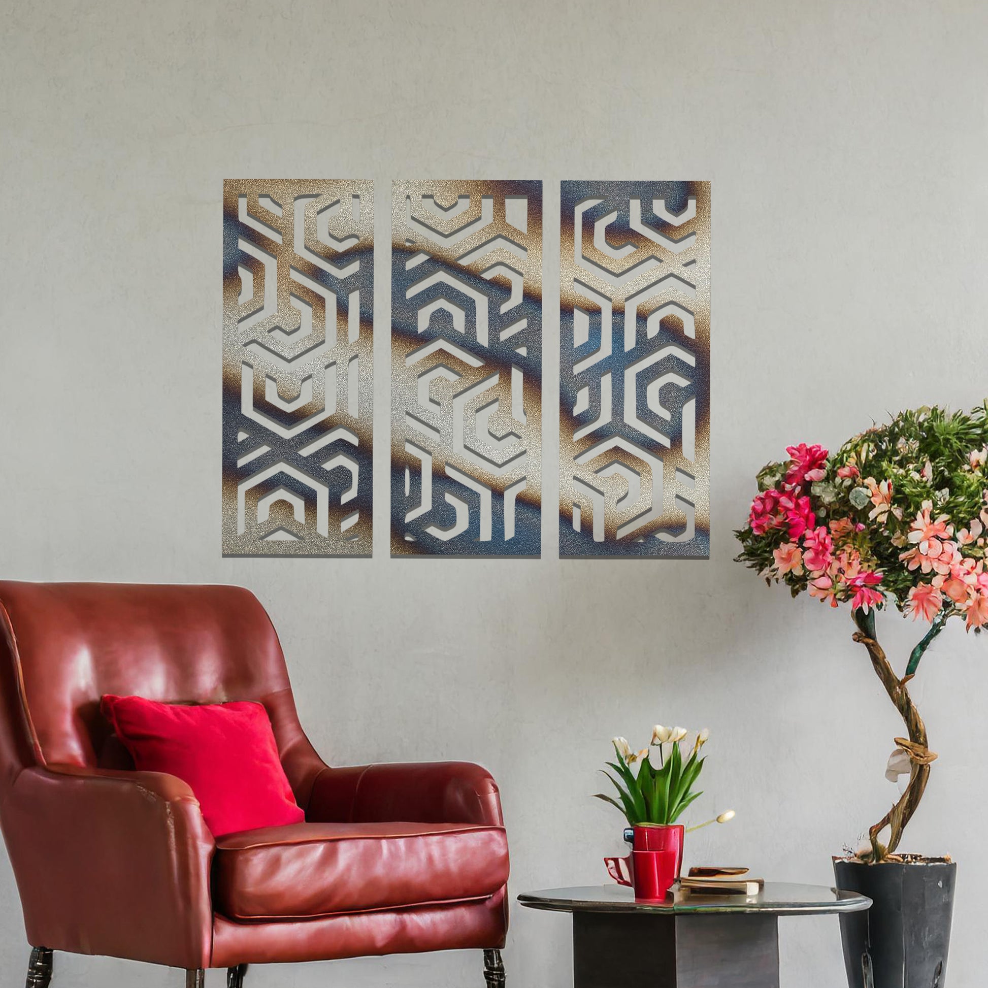 A modern geometric wall art triptych featuring intricate interlocking patterns, perfect for adding depth and sophistication to your living space with a contemporary edge.
