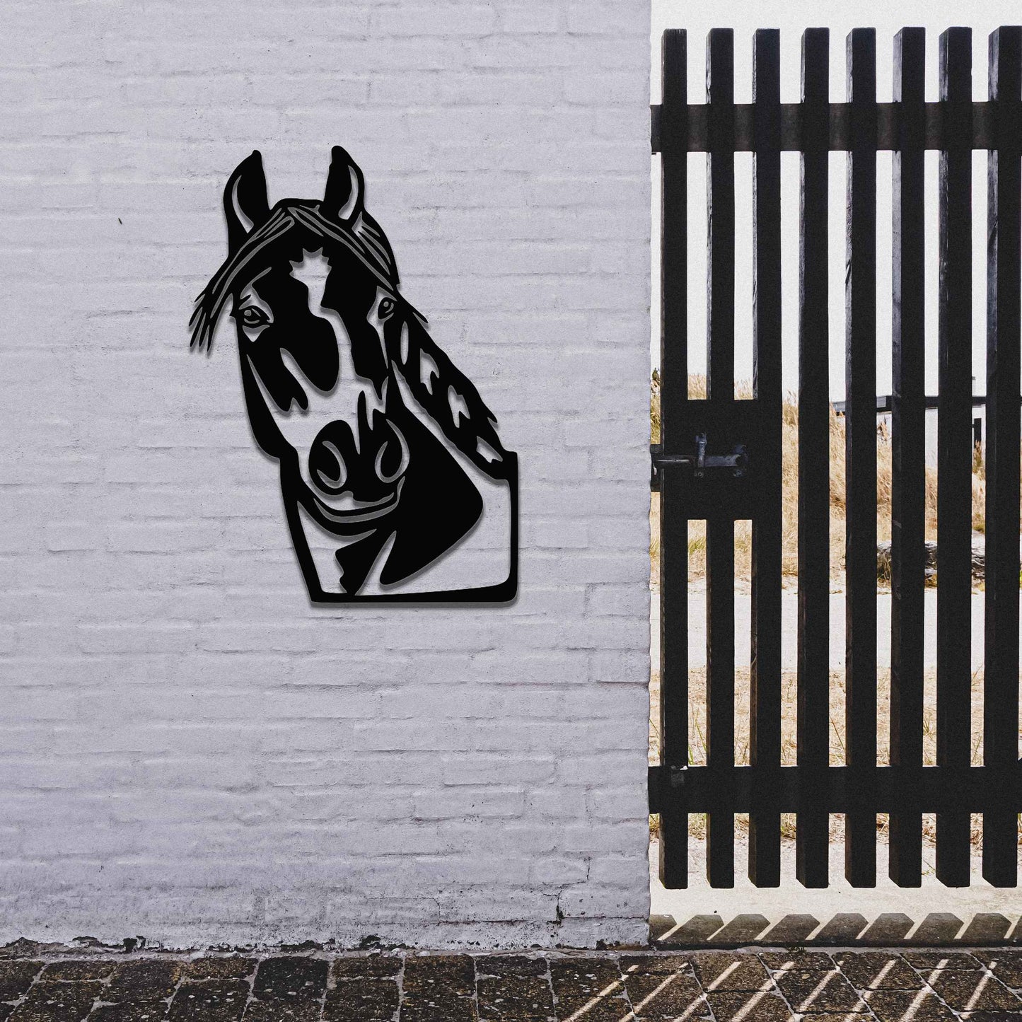 The artwork features a horse’s head in profile, showcasing the detailed features and the horse's gentle expression. The lines emphasize the flowing mane and strong facial structure of the animal.