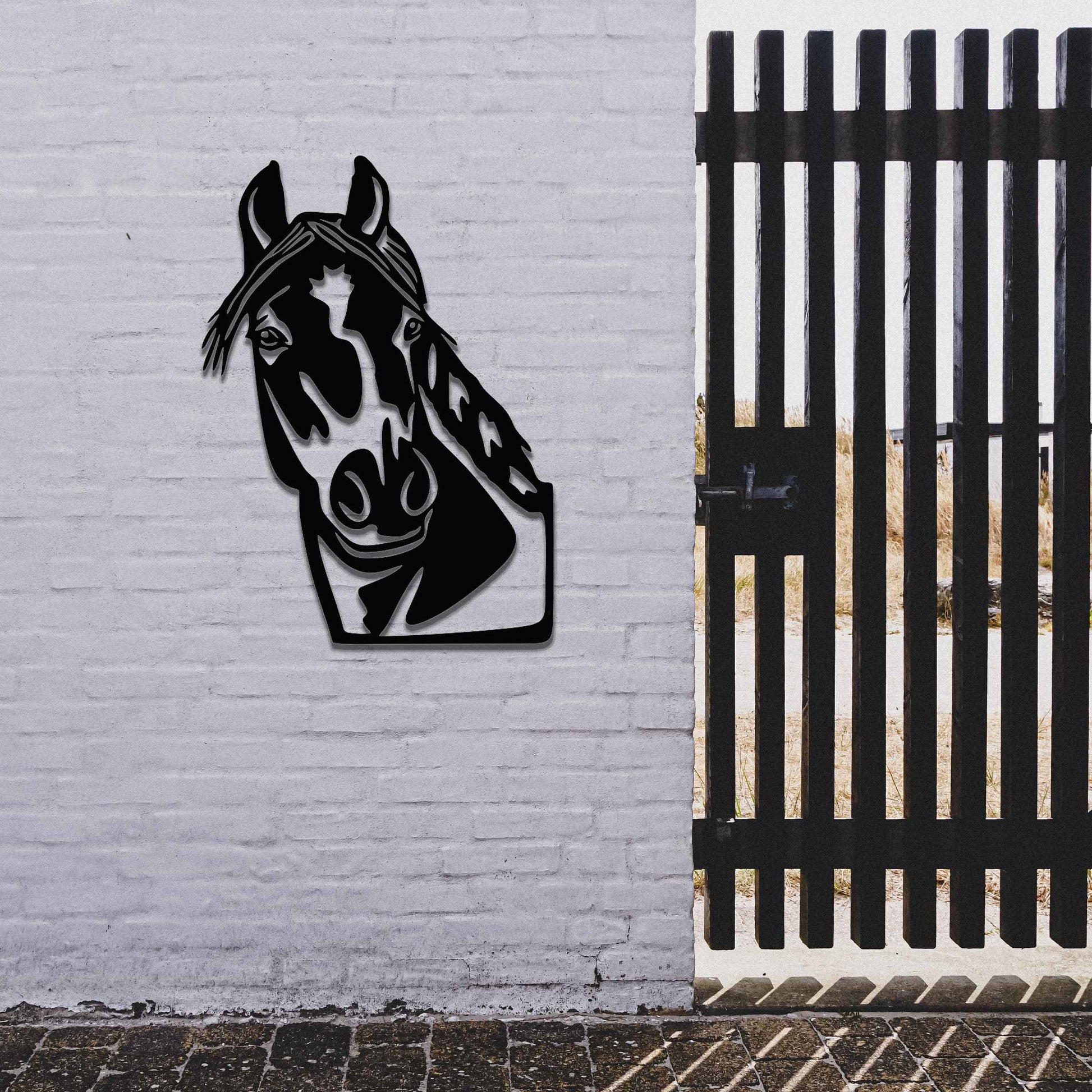 The artwork features a horse’s head in profile, showcasing the detailed features and the horse's gentle expression. The lines emphasize the flowing mane and strong facial structure of the animal.