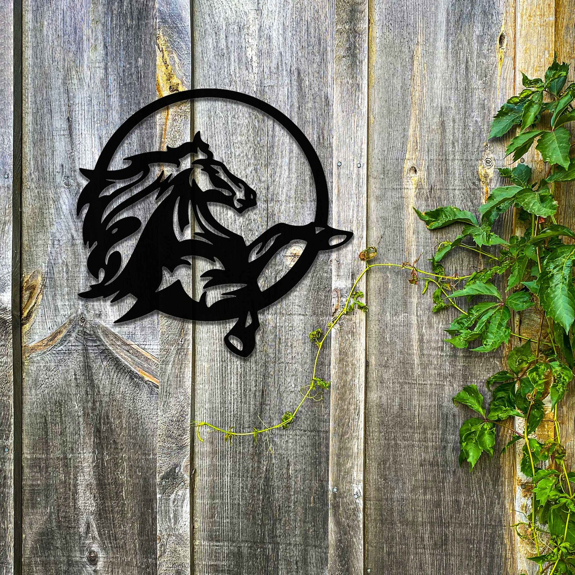 The artwork showcases a dynamic horse in motion, framed within a circular design. The flowing mane and powerful stance capture the spirit of freedom and strength as the horse leaps gracefully.
