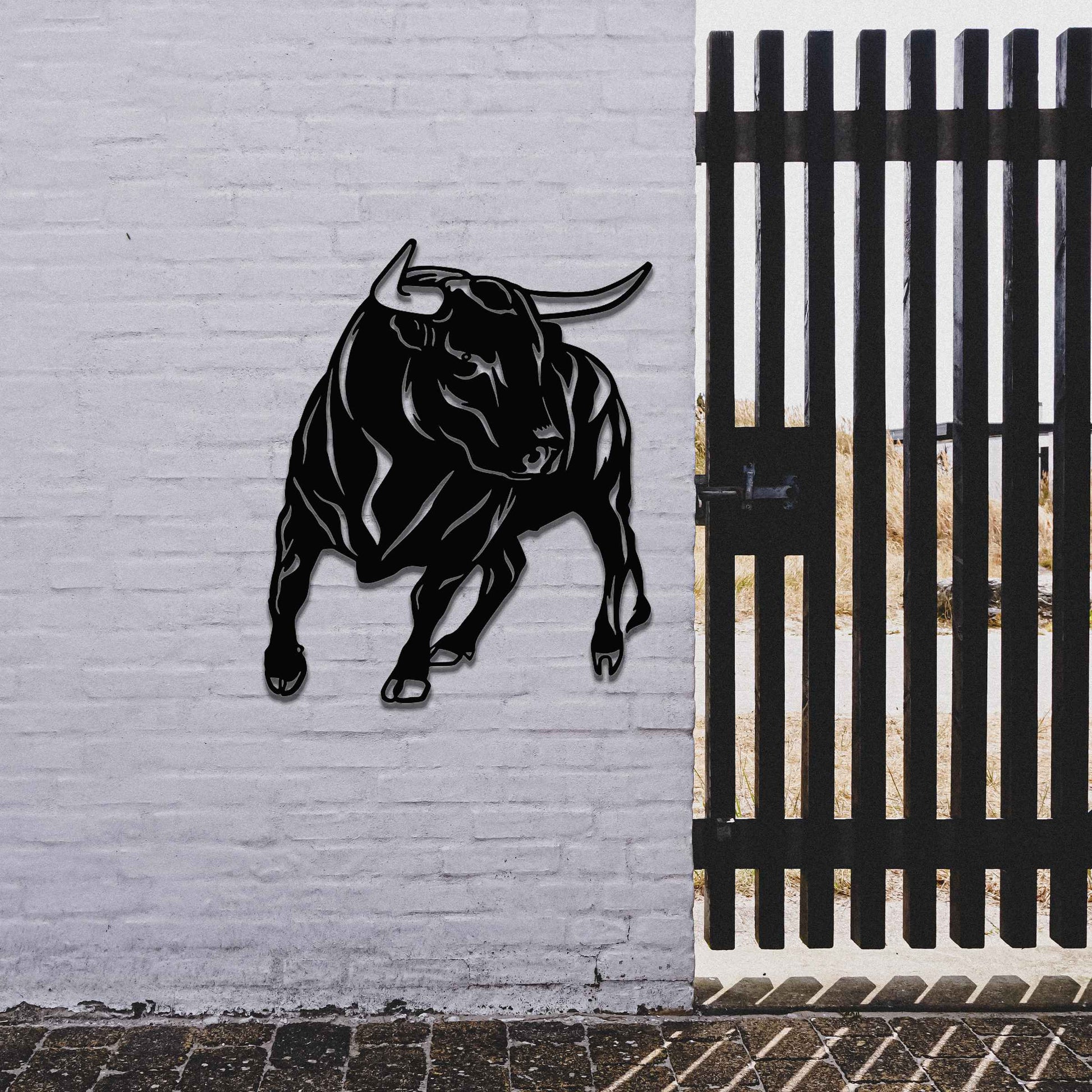 The design features a dynamic bull captured in a strong and assertive pose, showcasing its muscular build. The bull’s stance emphasizes power and movement, conveying a sense of energy and resilience.
