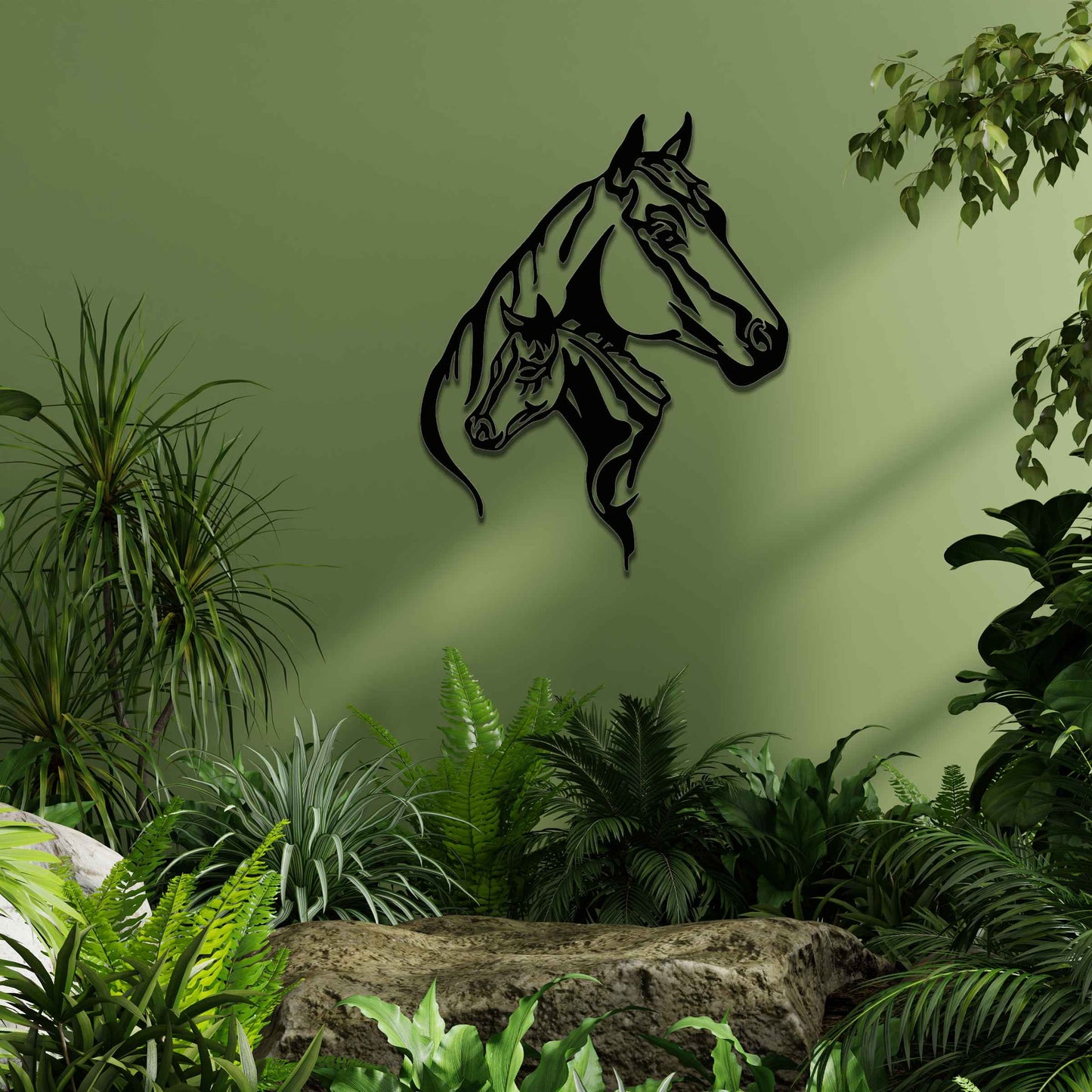 This metal wall art features two horse heads, one adult and one young, with elegant details showcasing their flowing manes and strong expressions. The design captures the connection and power of these majestic creatures.