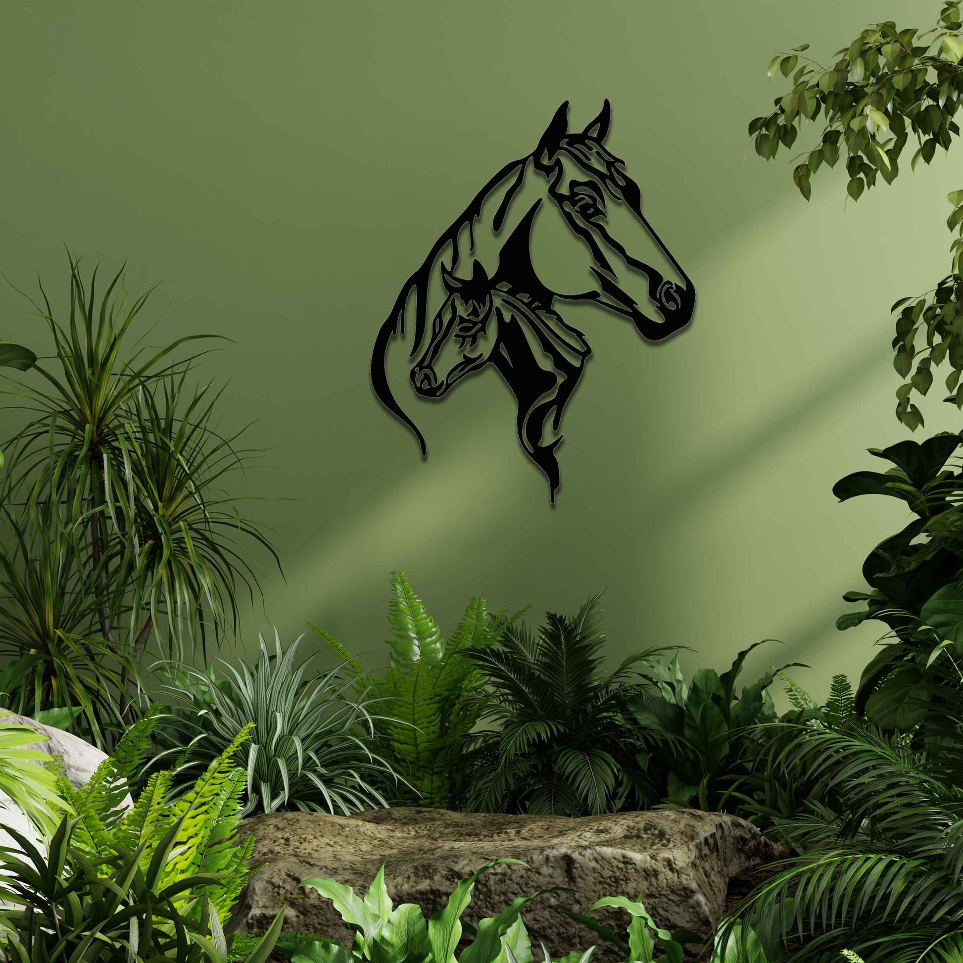 This metal wall art features two horse heads, one adult and one young, with elegant details showcasing their flowing manes and strong expressions. The design captures the connection and power of these majestic creatures.