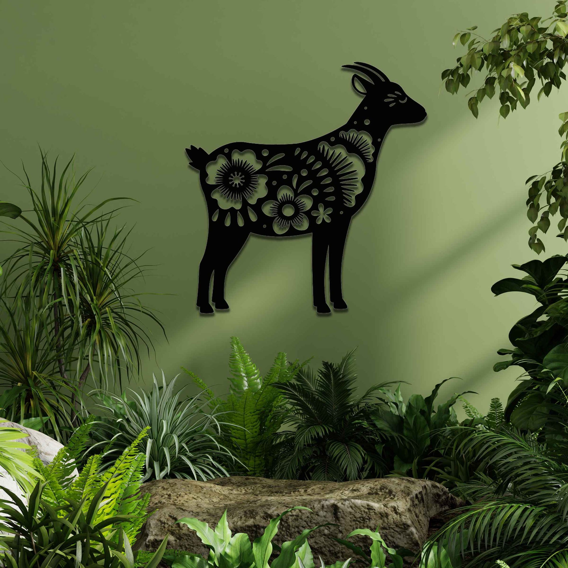 Side profile of a goat, beautifully adorned with intricate floral patterns along its body. The floral design enhances the natural grace of the animal, creating a charming and rustic piece of wall art.