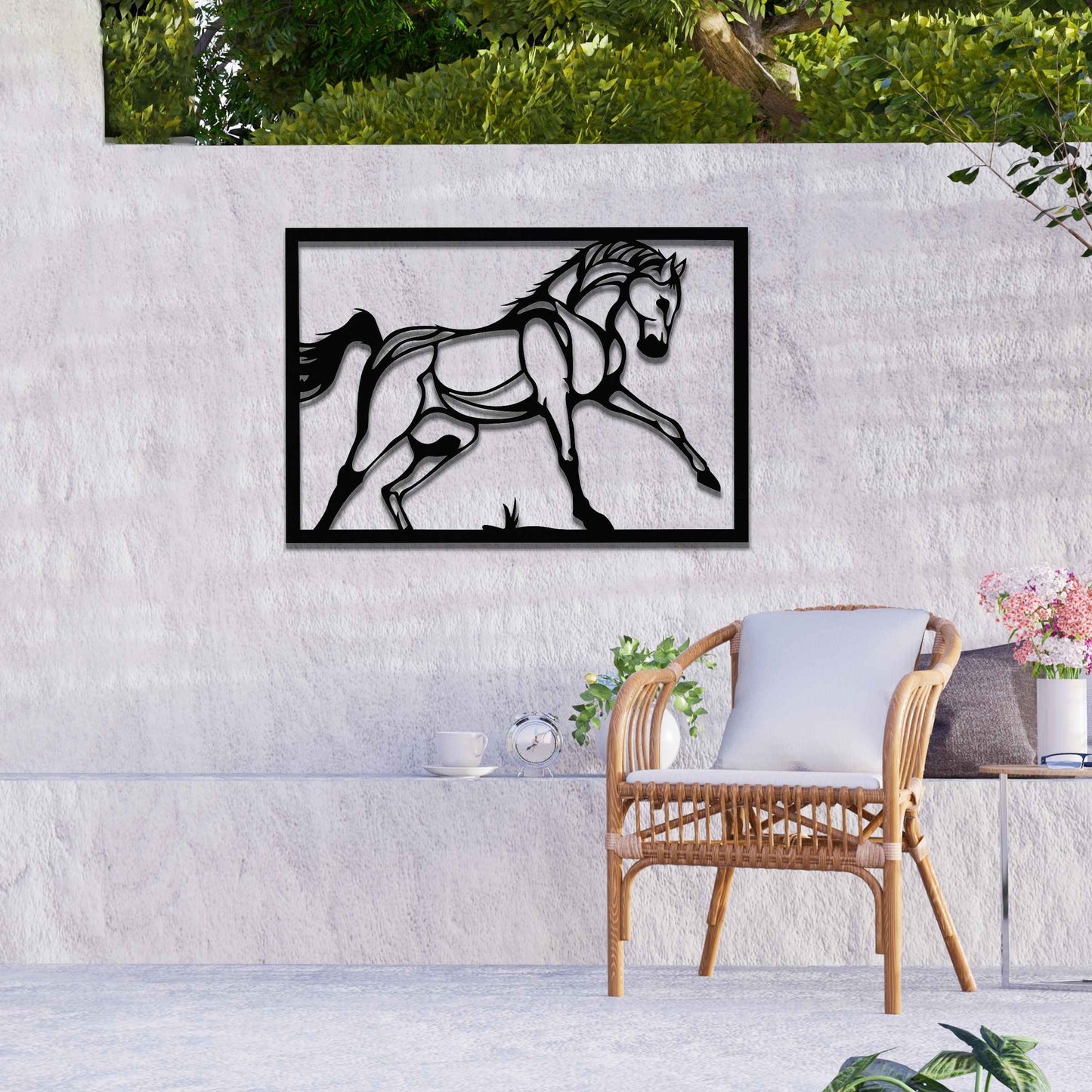Metal wall art featuring an elegant horse in motion, outlined with bold lines and set within a rectangular frame. The artwork captures the graceful movement of the horse in a minimalistic style.