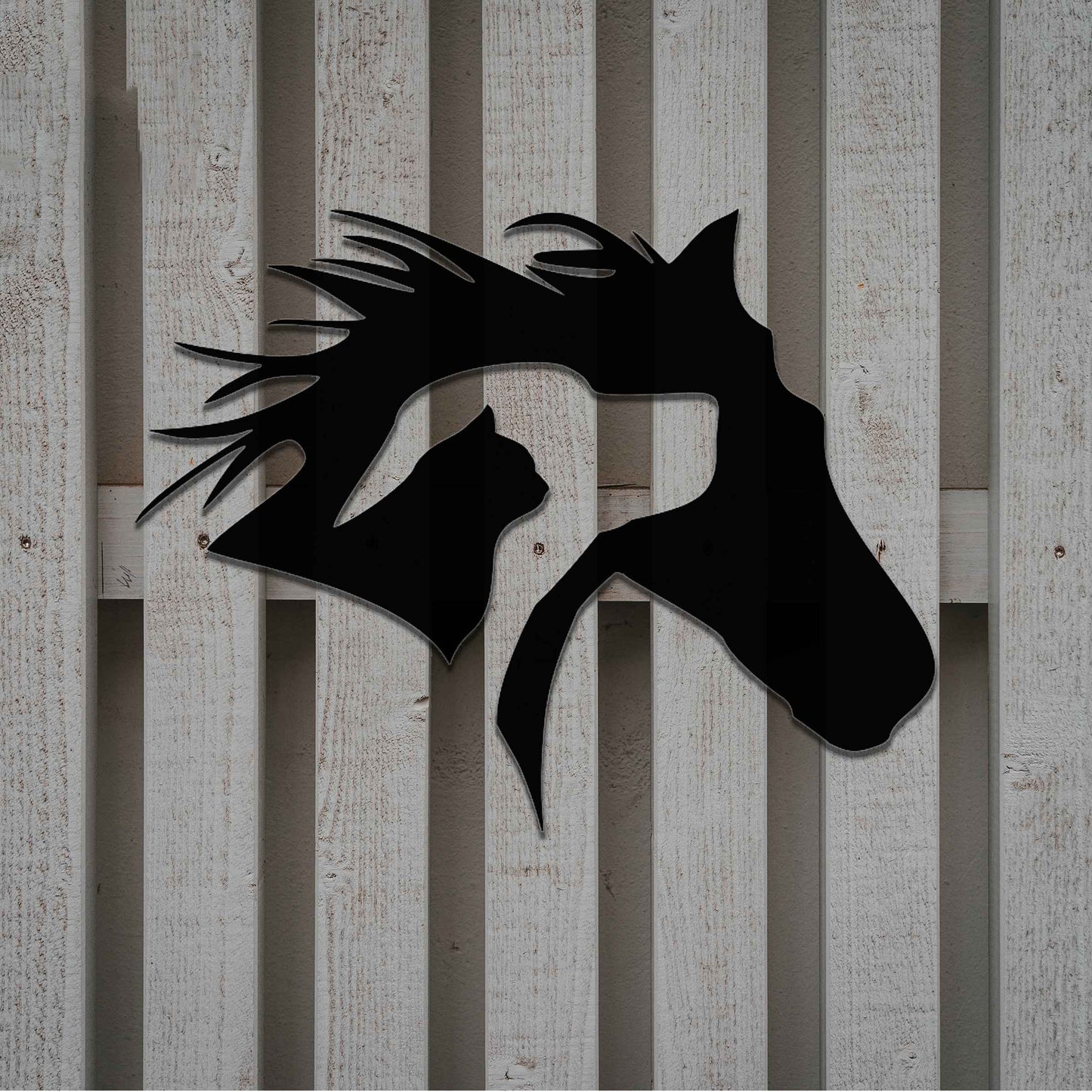 Metal wall art featuring a horse's head with a dog and cat inside, designed with intricate details and flowing lines, perfect for animal lovers.
