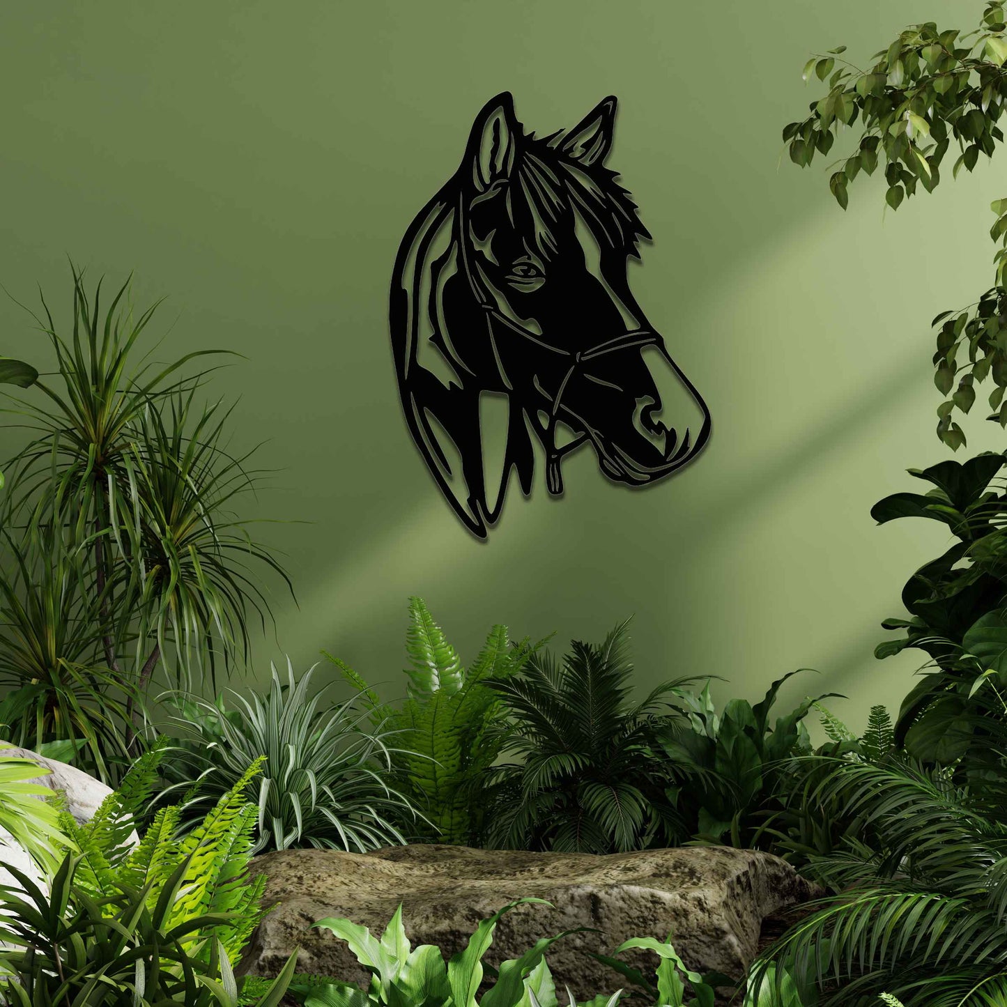 The design showcases the head of a horse in a minimalist style, highlighting its gentle expression and flowing mane. The silhouette captures the elegance and strength of the animal.