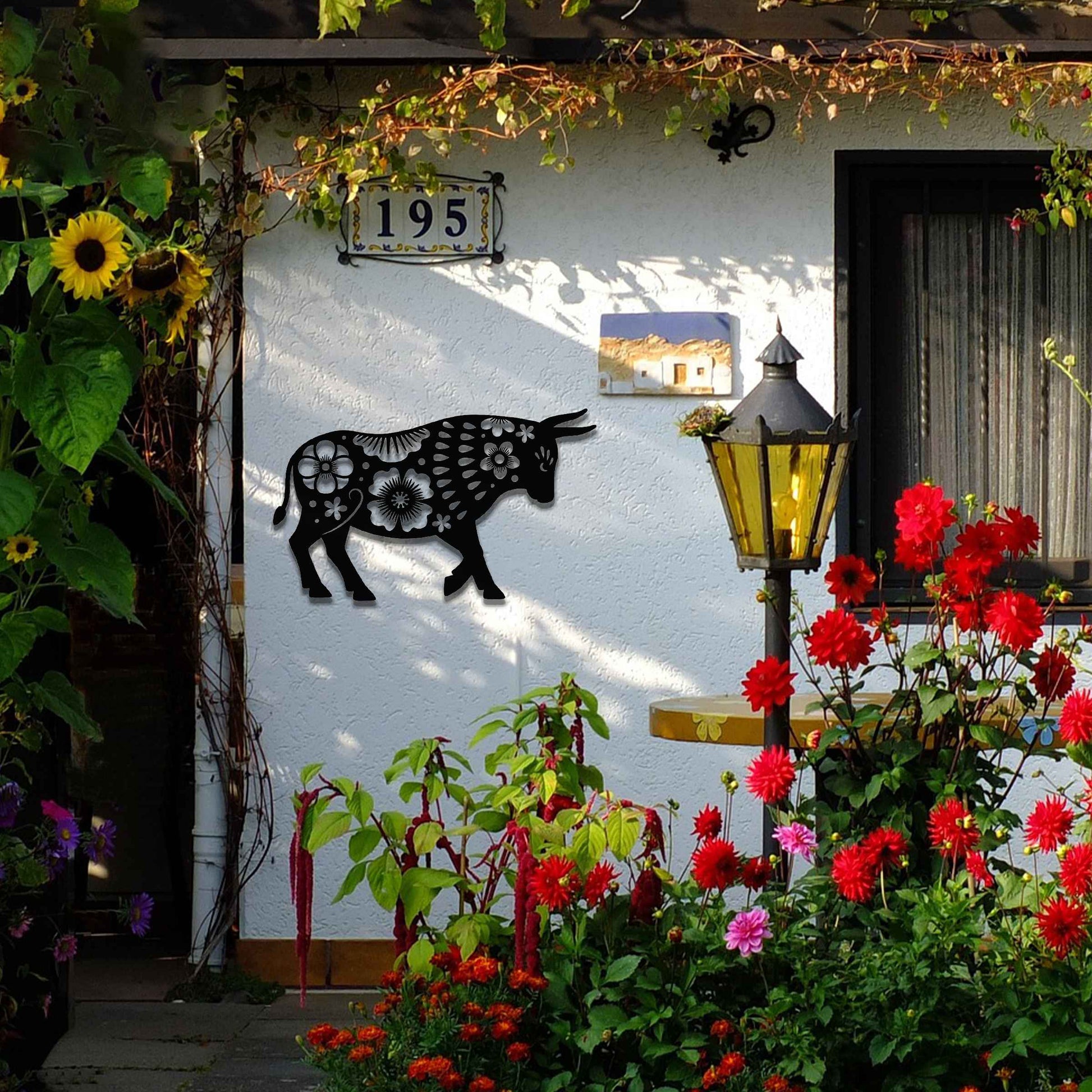 The design showcases a bull adorned with intricate floral patterns, blending natural strength with delicate details. The bold shape of the bull is enhanced by the flower motifs, giving it a unique and artistic appearance.