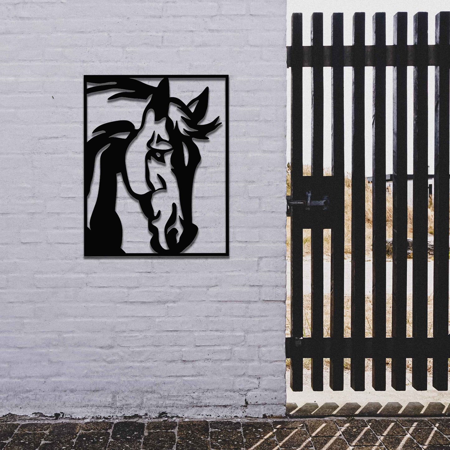 The artwork depicts a detailed close-up of a horse’s head, capturing its intense gaze and strong, defined features. The design is framed, emphasizing the horse's expression and elegant lines.