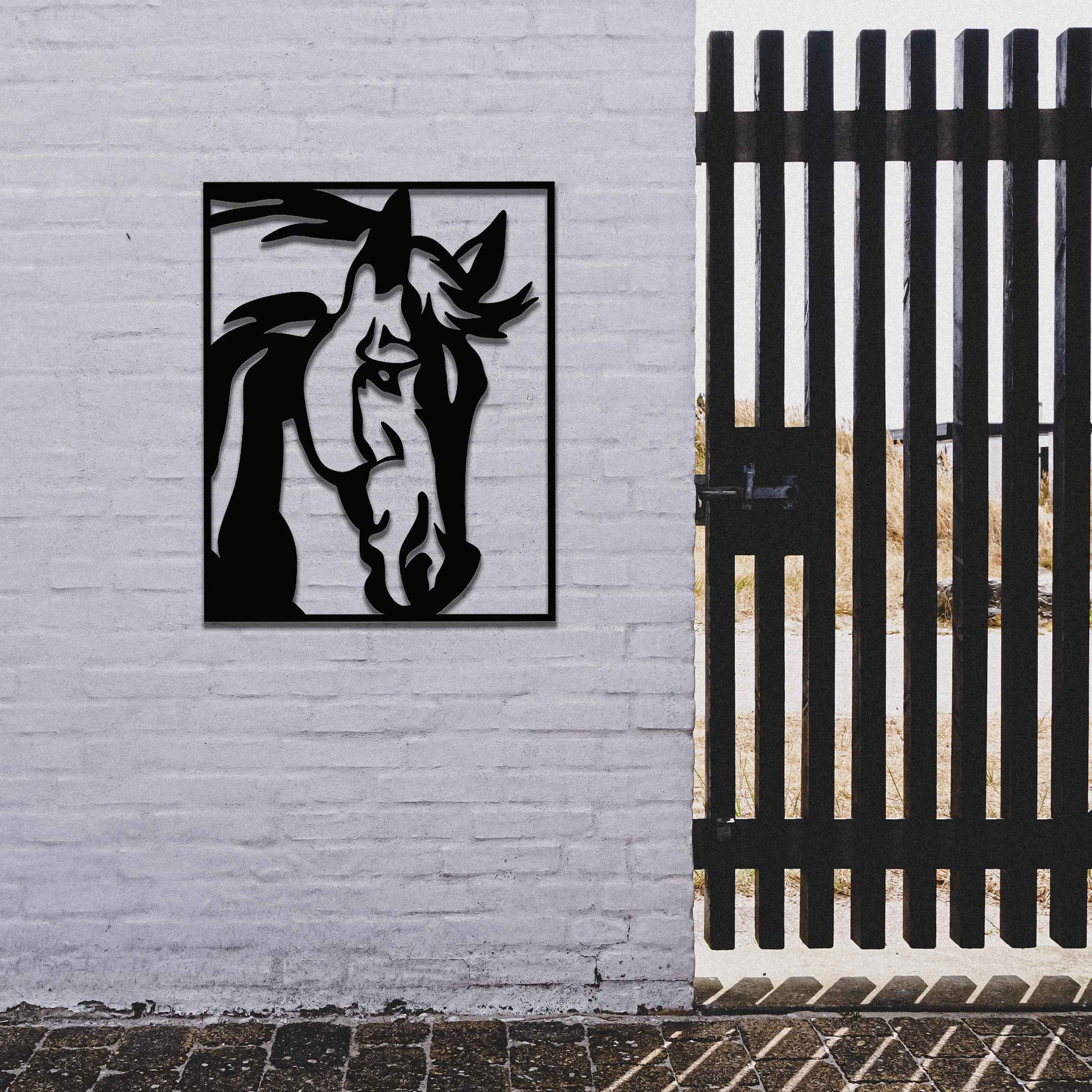 The artwork depicts a detailed close-up of a horse’s head, capturing its intense gaze and strong, defined features. The design is framed, emphasizing the horse's expression and elegant lines.