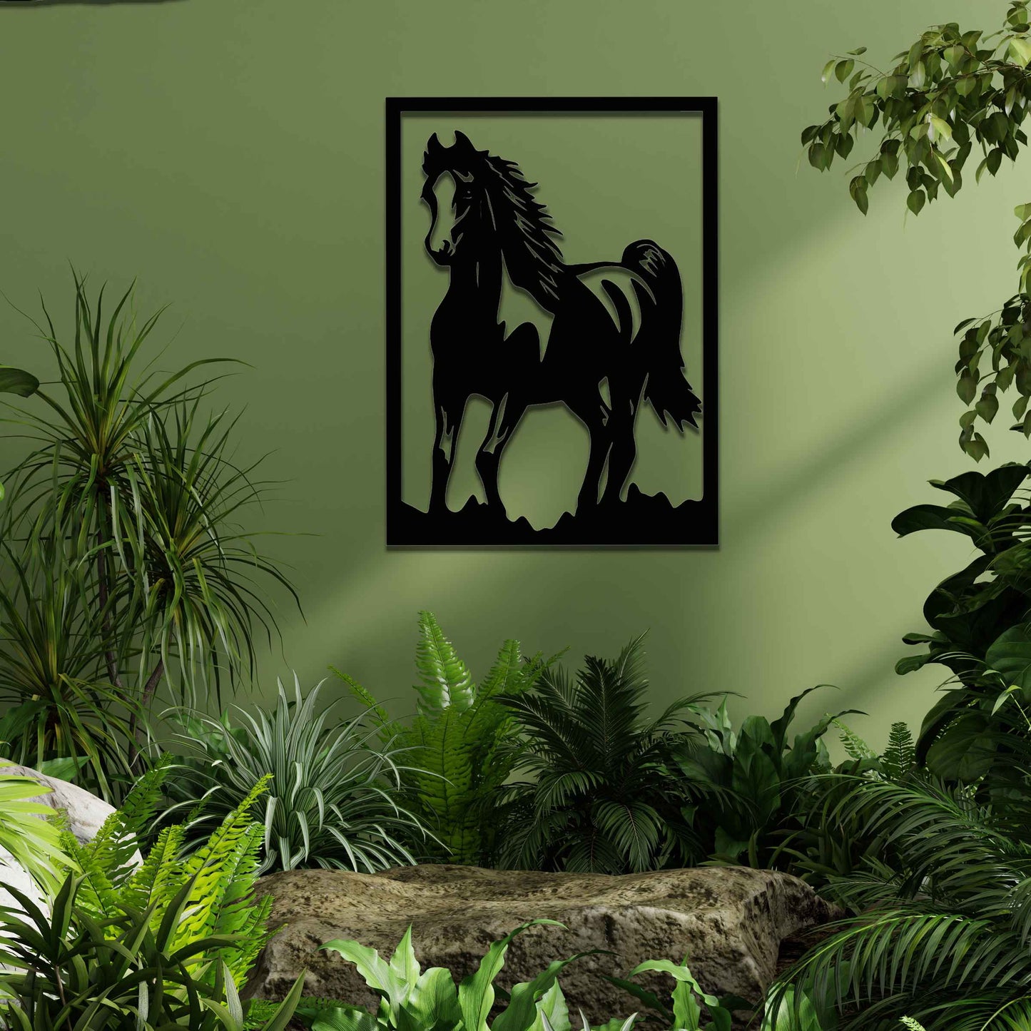 The design features a dynamic and powerful horse captured mid-motion, showcasing the fluidity of its galloping form. The artwork is framed, highlighting the horse’s graceful yet strong silhouette.