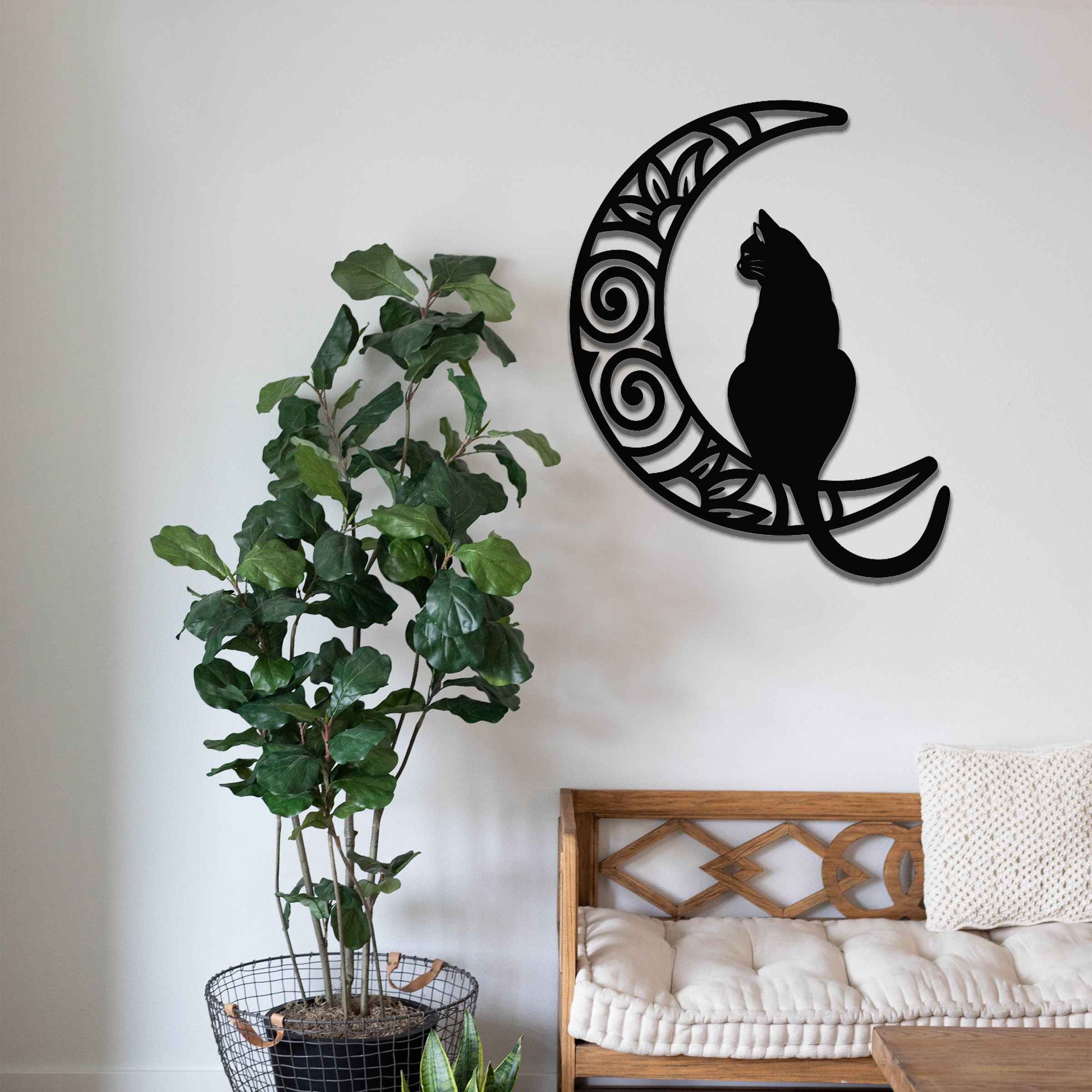 Metal garden decoration featuring a silhouette of a cat sitting on a crescent moon with intricate swirl and floral patterns, adding a mystical and elegant touch to outdoor or indoor walls.