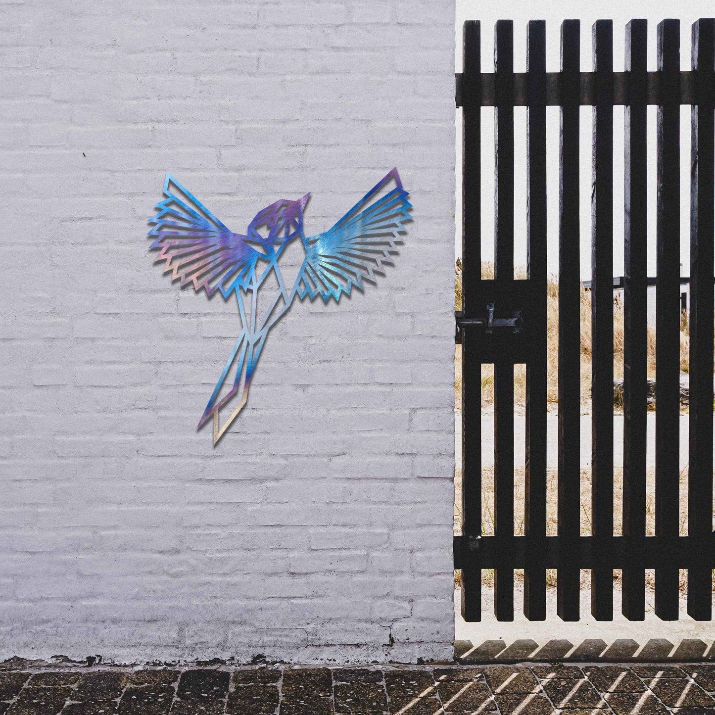 Metal garden decoration featuring a geometric bird design in flight, crafted with sharp, angular detailing for a modern and artistic touch, perfect for enhancing outdoor or indoor spaces with unique charm.