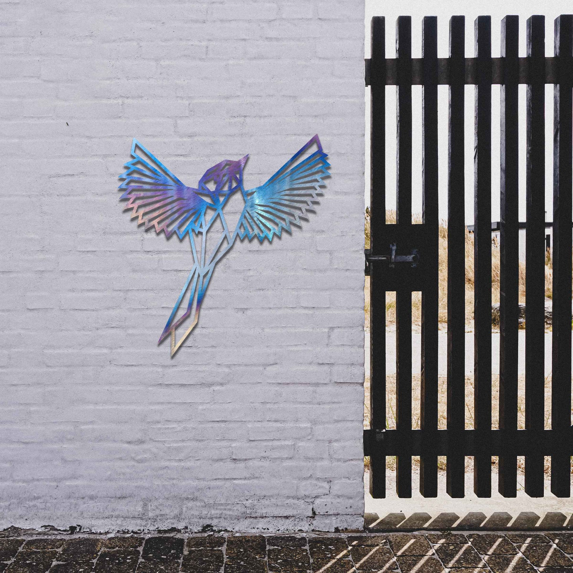 Metal garden decoration featuring a geometric bird design in flight, crafted with sharp, angular detailing for a modern and artistic touch, perfect for enhancing outdoor or indoor spaces with unique charm.