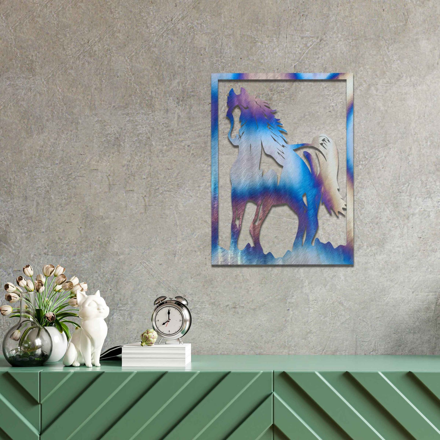 The design features a dynamic and powerful horse captured mid-motion, showcasing the fluidity of its galloping form. The artwork is framed, highlighting the horse’s graceful yet strong silhouette.