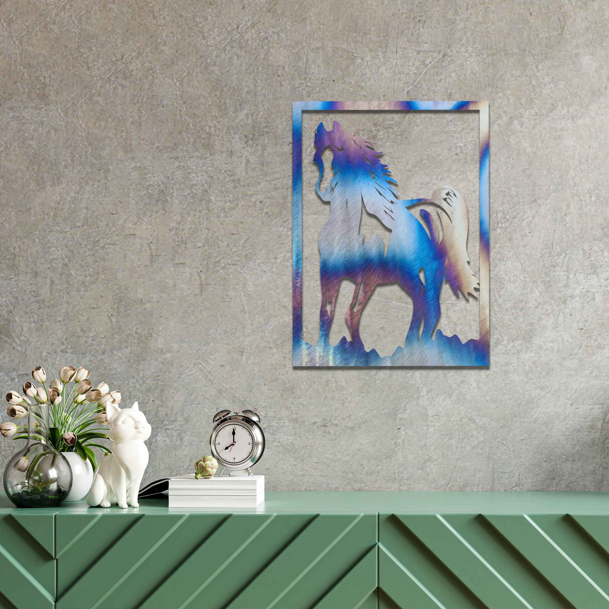 The design features a dynamic and powerful horse captured mid-motion, showcasing the fluidity of its galloping form. The artwork is framed, highlighting the horse’s graceful yet strong silhouette.