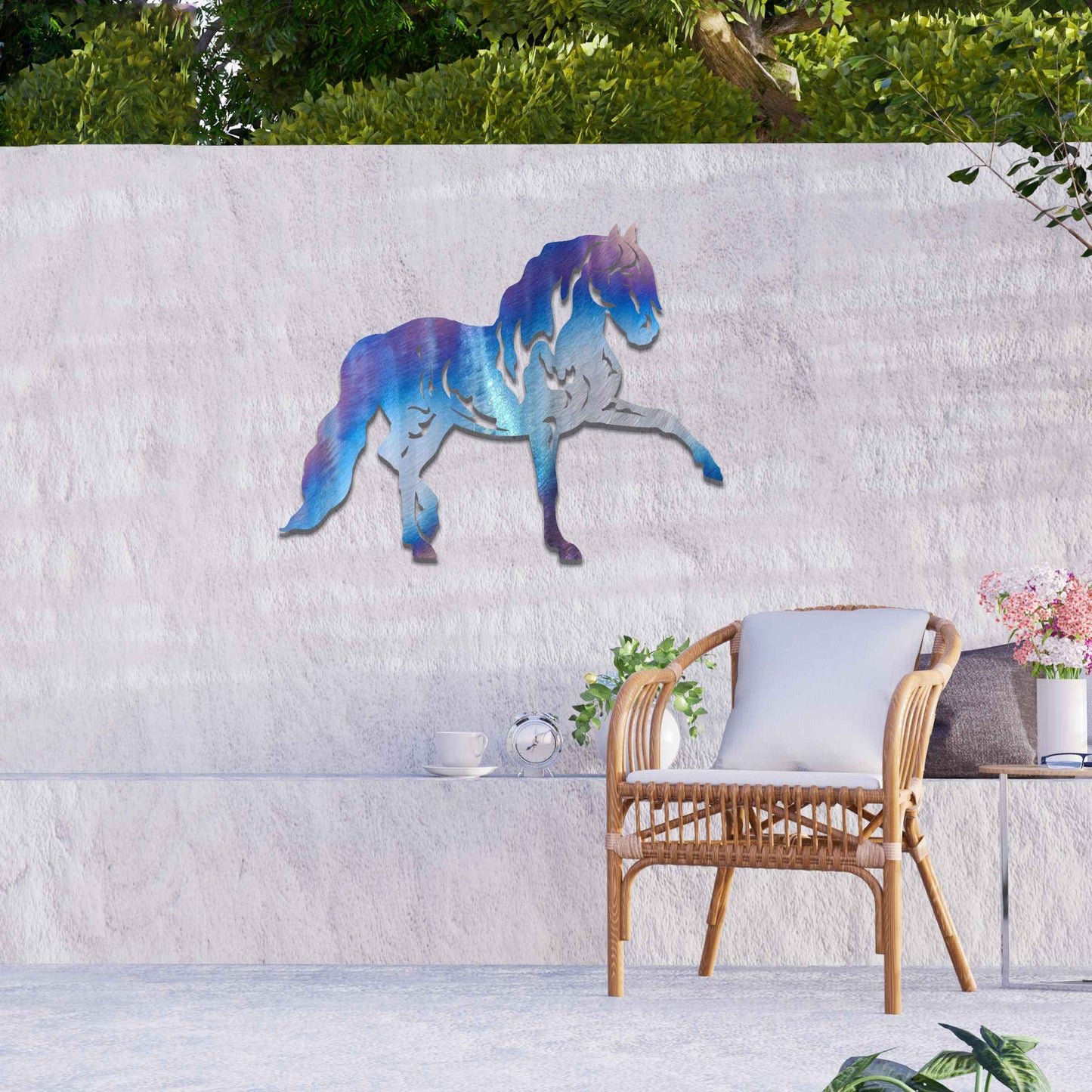 Metal wall art of a horse with a proud stance, featuring flowing mane and tail, captured in a dynamic pose. The design emphasizes strength and elegance, showcasing the horse's muscular form.