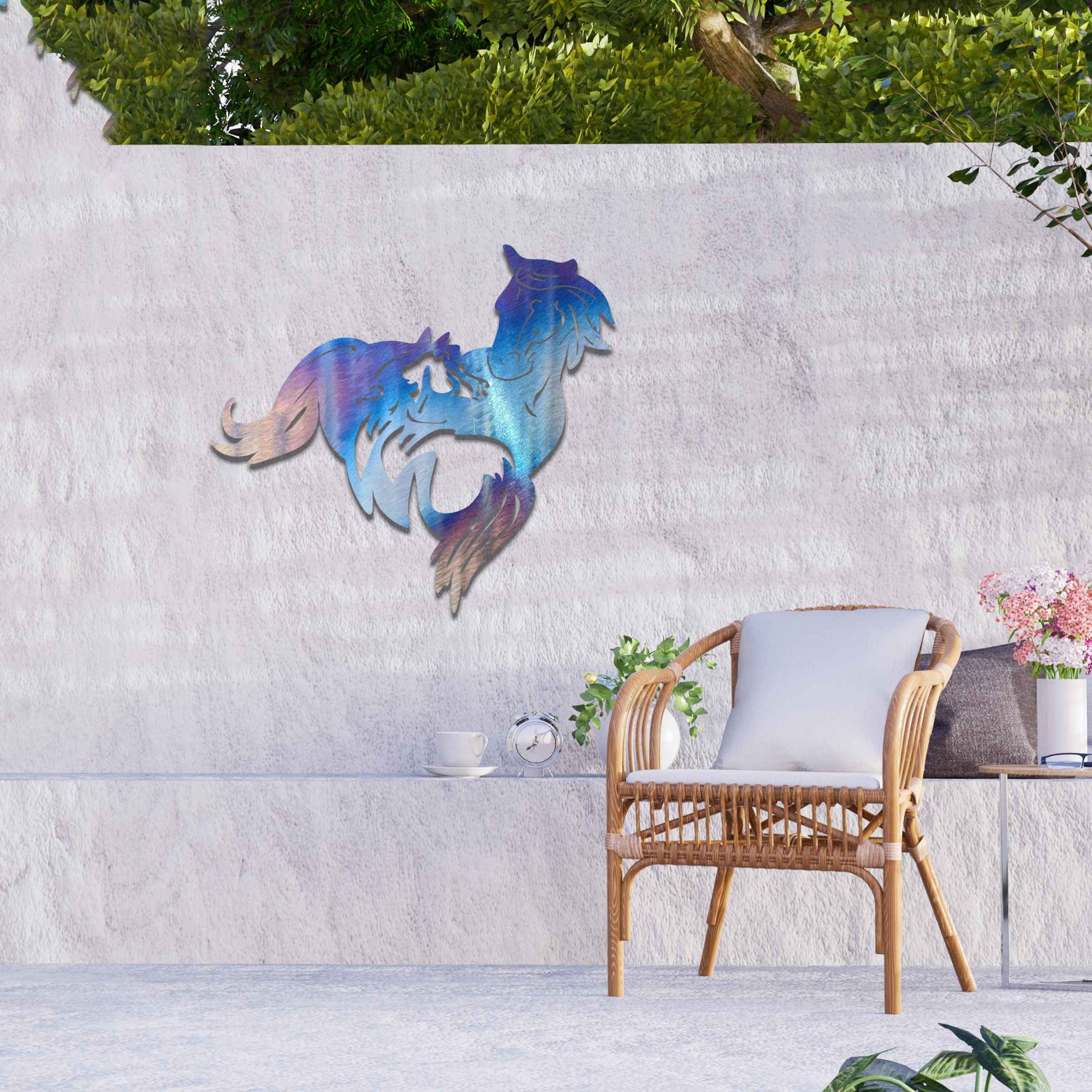 Metal wall decoration featuring a large horse with a smaller horse standing beside it, crafted with intricate cutout details and a rustic finish, adding a graceful and heartwarming touch to indoor or outdoor spaces.