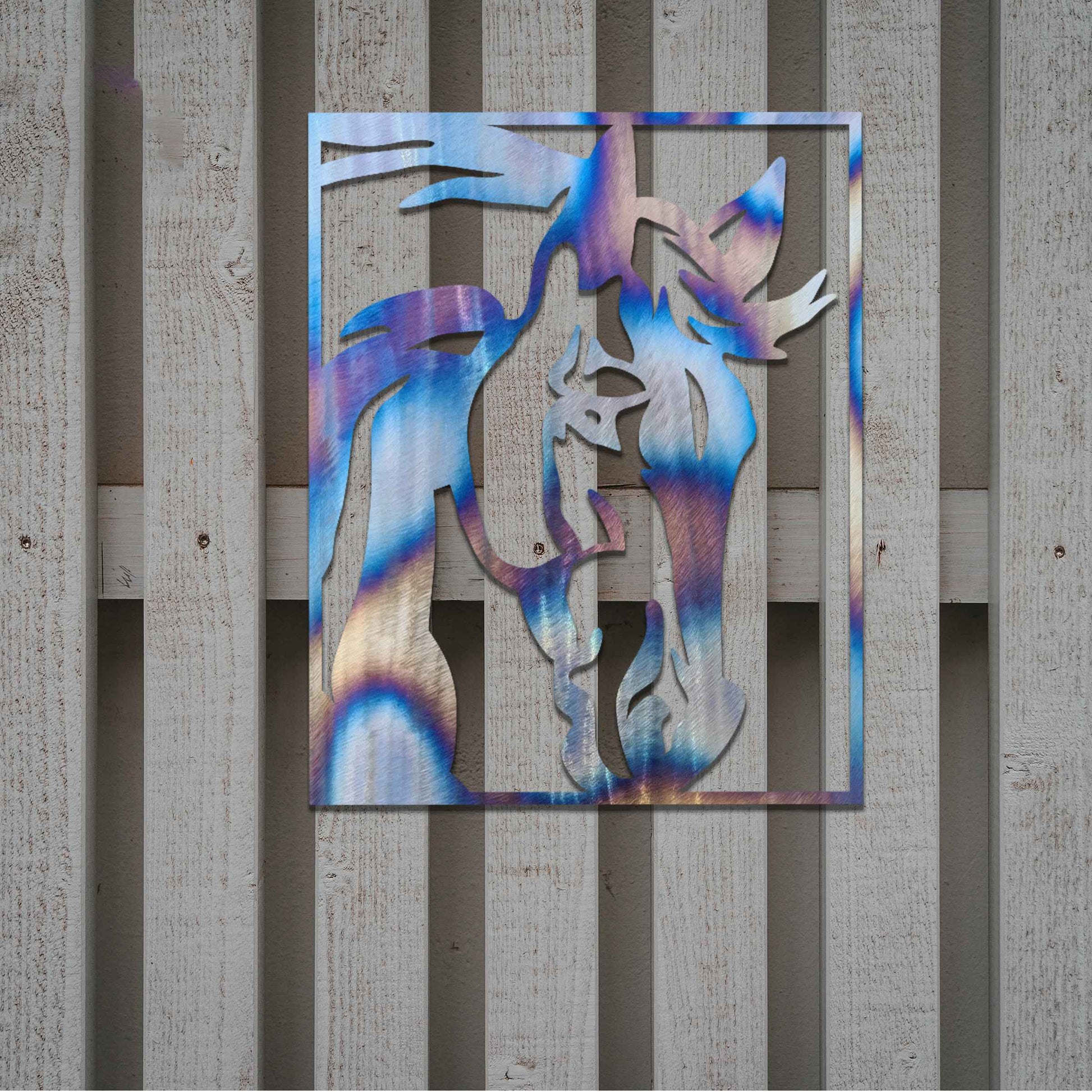 The artwork depicts a detailed close-up of a horse’s head, capturing its intense gaze and strong, defined features. The design is framed, emphasizing the horse's expression and elegant lines.