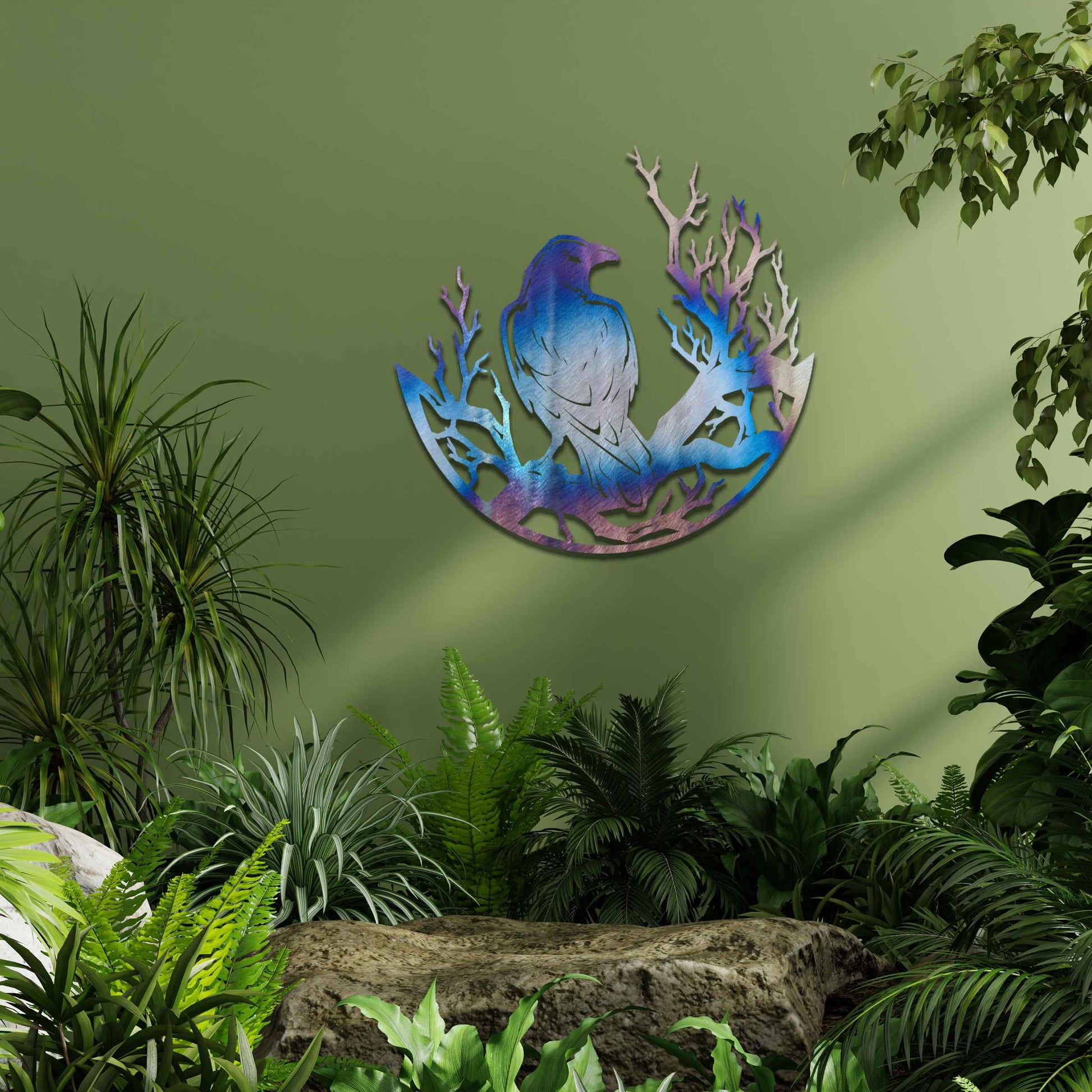 Metal wall decoration featuring a crow perched on detailed tree branches within a circular frame, crafted with intricate cutouts and a rustic finish, adding a bold and artistic touch to indoor or outdoor spaces.