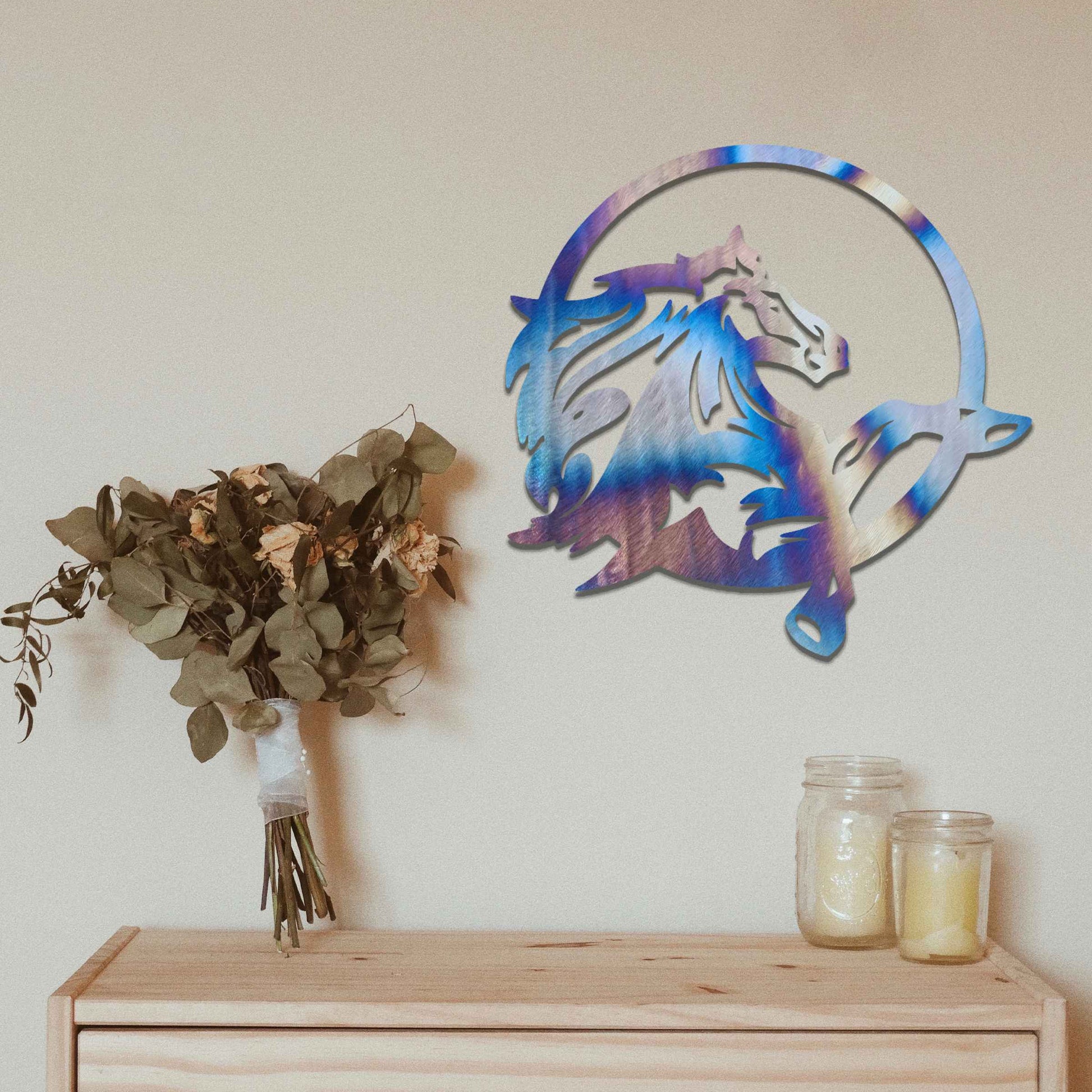 The artwork showcases a dynamic horse in motion, framed within a circular design. The flowing mane and powerful stance capture the spirit of freedom and strength as the horse leaps gracefully.