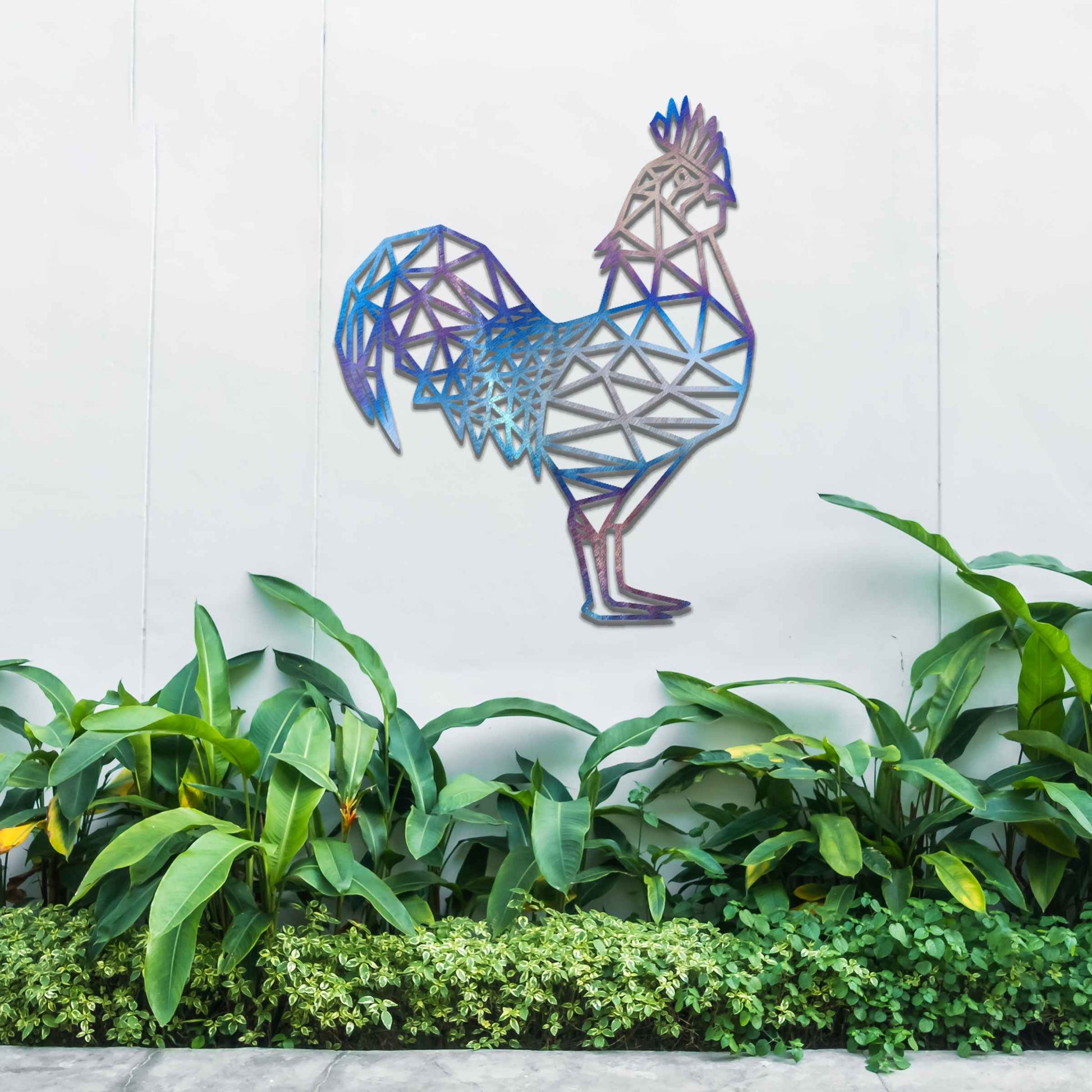 Geometric rooster wall art in a triangular design, made of metal. The rooster is intricately designed with sharp, angular lines that form its body, creating a modern and stylish piece perfect for contemporary spaces.