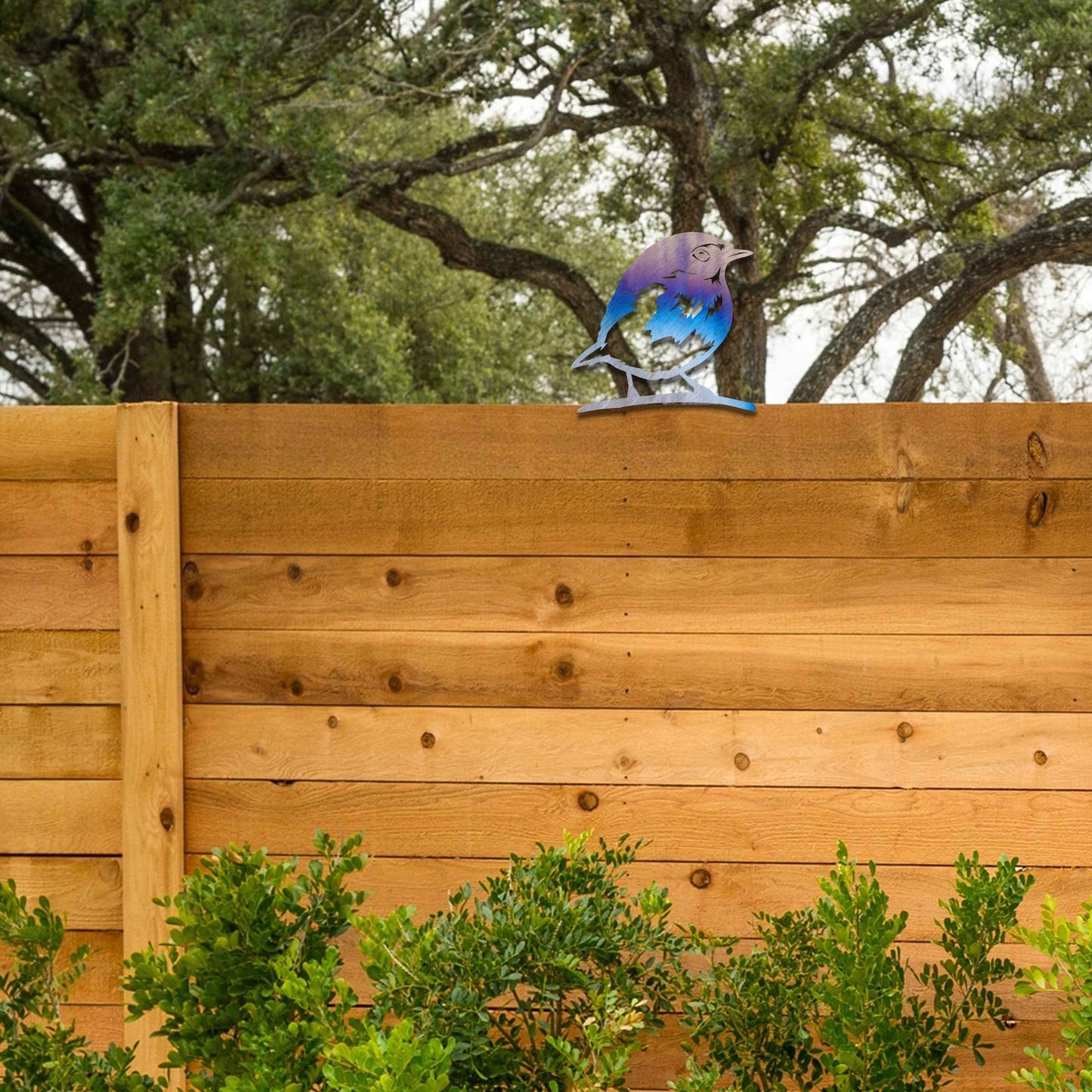 Metal garden decoration featuring a robin silhouette with a rustic finish, designed to sit atop fences or posts, adding a charming and natural touch to outdoor garden spaces.