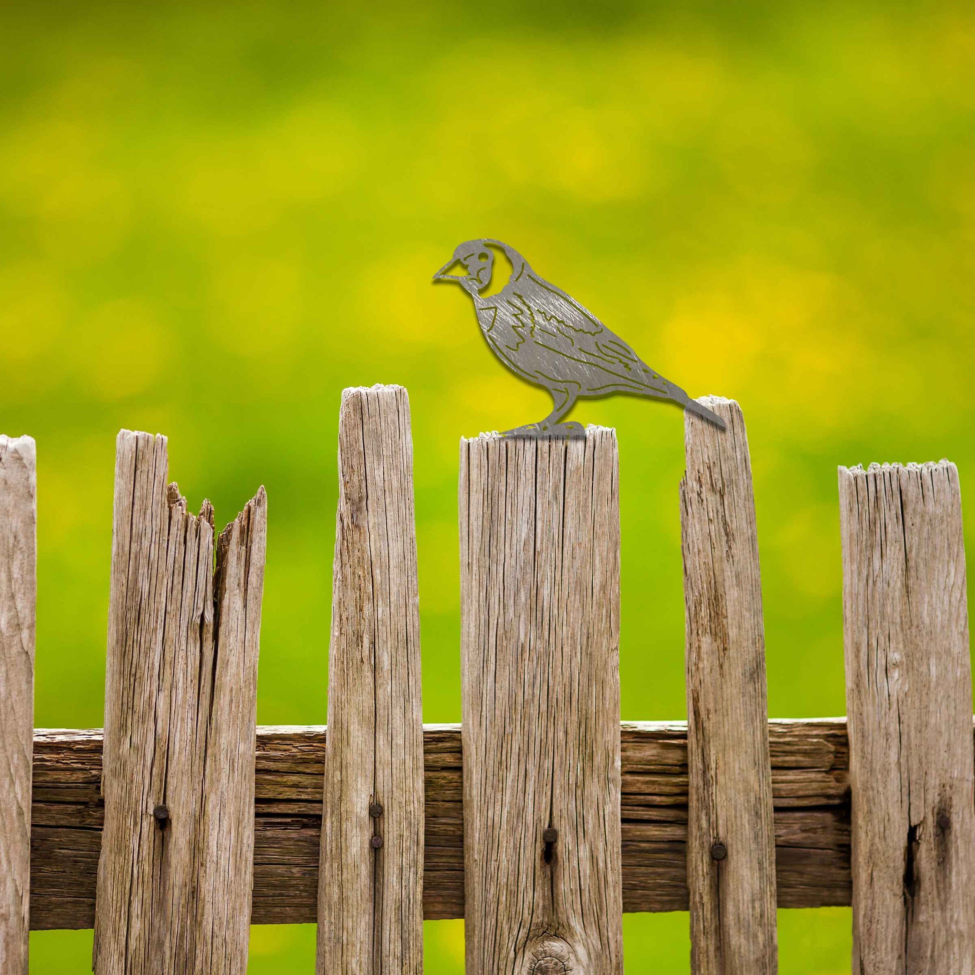 Metal garden decoration featuring a bird silhouette with a rustic finish, designed to sit atop fences or garden structures, adding a natural and artistic accent to outdoor spaces.