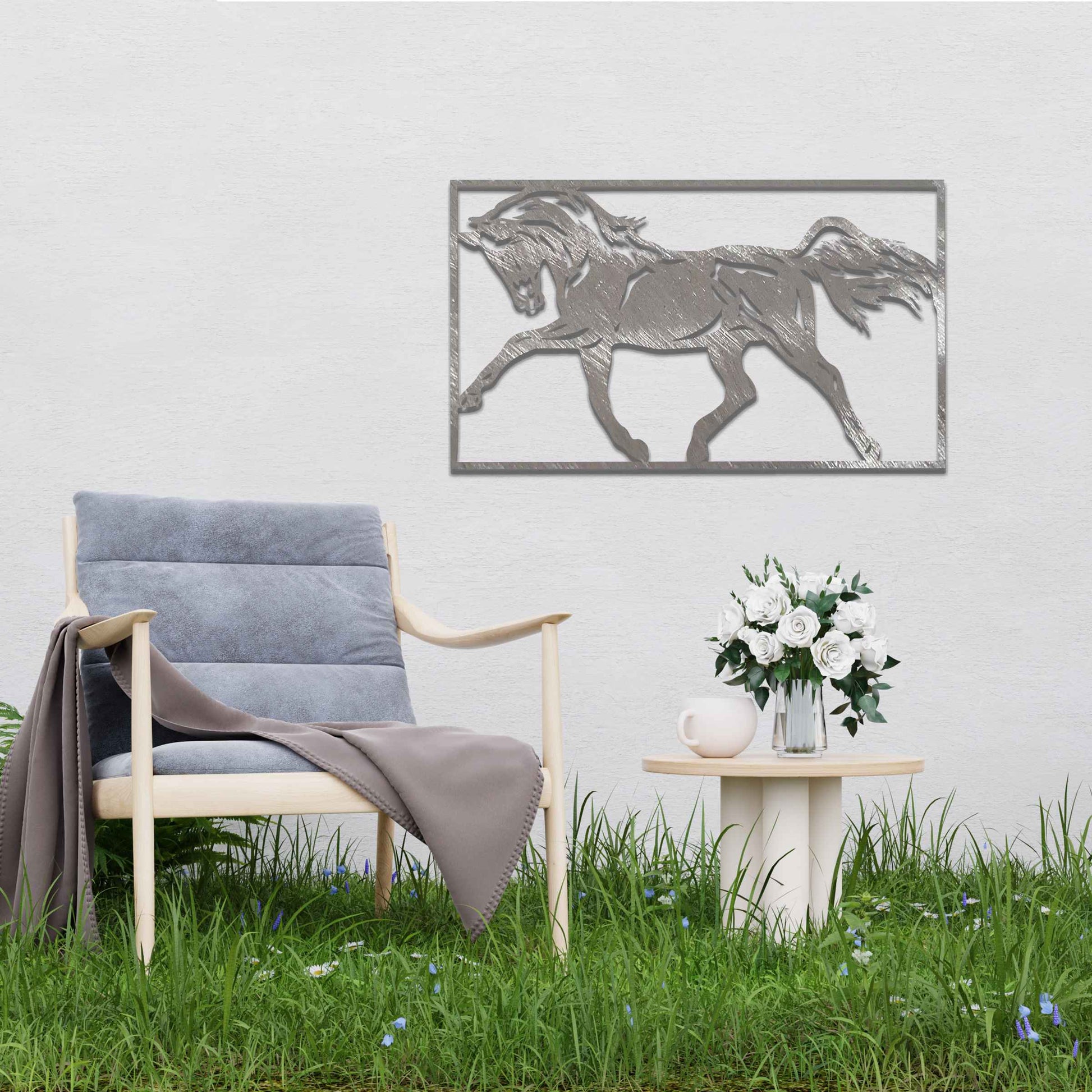 This design features a beautifully detailed representation of a horse in mid-gallop, capturing the power and grace of the animal. The flowing mane and muscles in motion highlight the dynamic nature of the horse, framed elegantly for a striking visual effect.