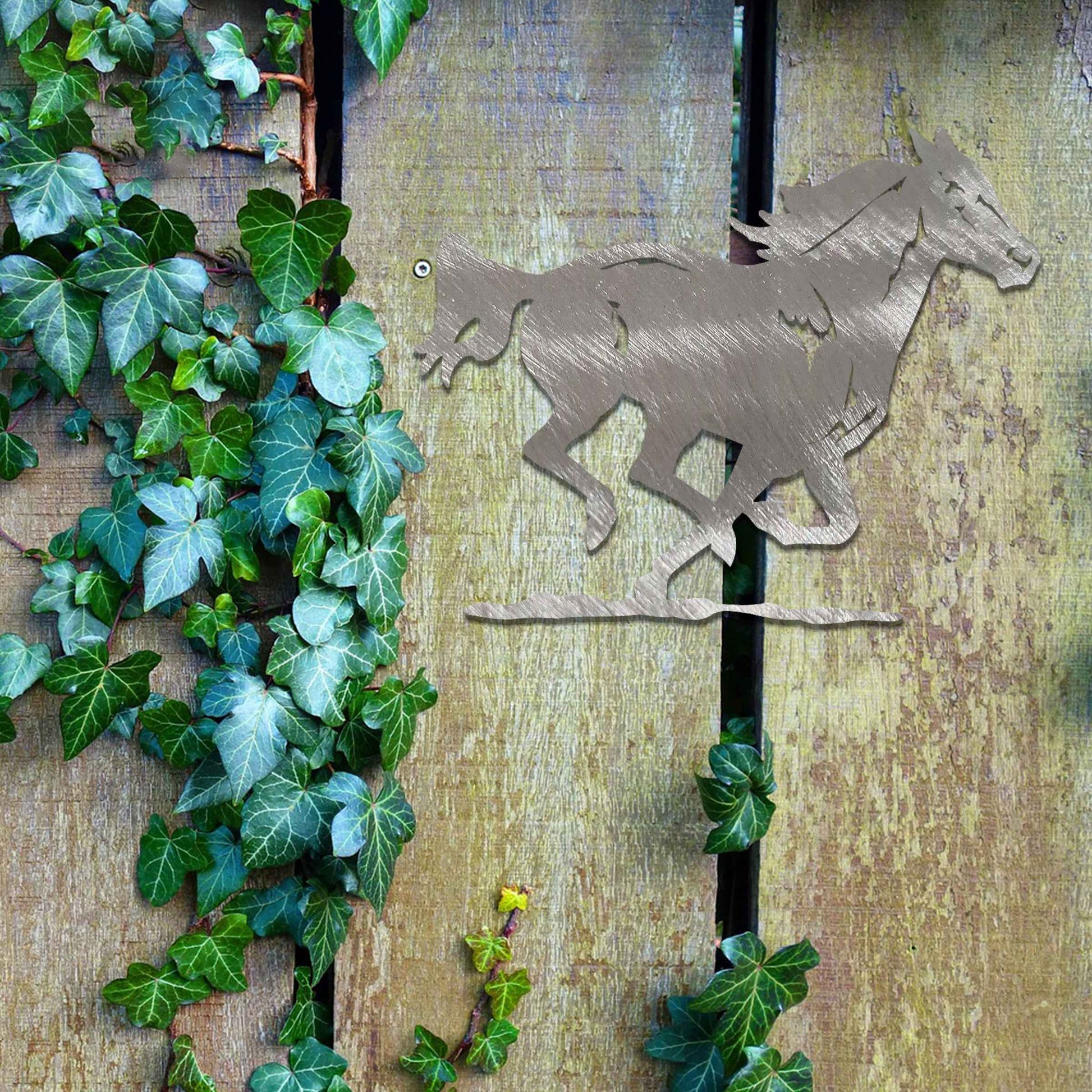 This design features a dynamic depiction of a horse in full motion, capturing the beauty of nature and freedom. The fluid lines and graceful movement emphasize the spirit of the animal, making it a striking addition to any space.