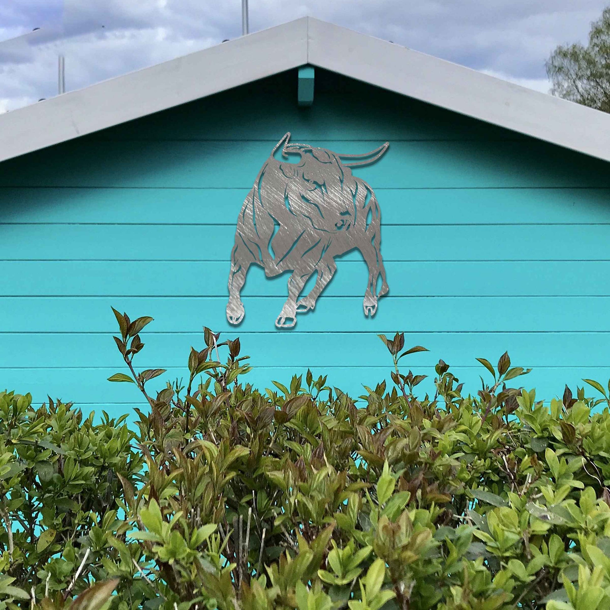 The design features a dynamic bull captured in a strong and assertive pose, showcasing its muscular build. The bull’s stance emphasizes power and movement, conveying a sense of energy and resilience.