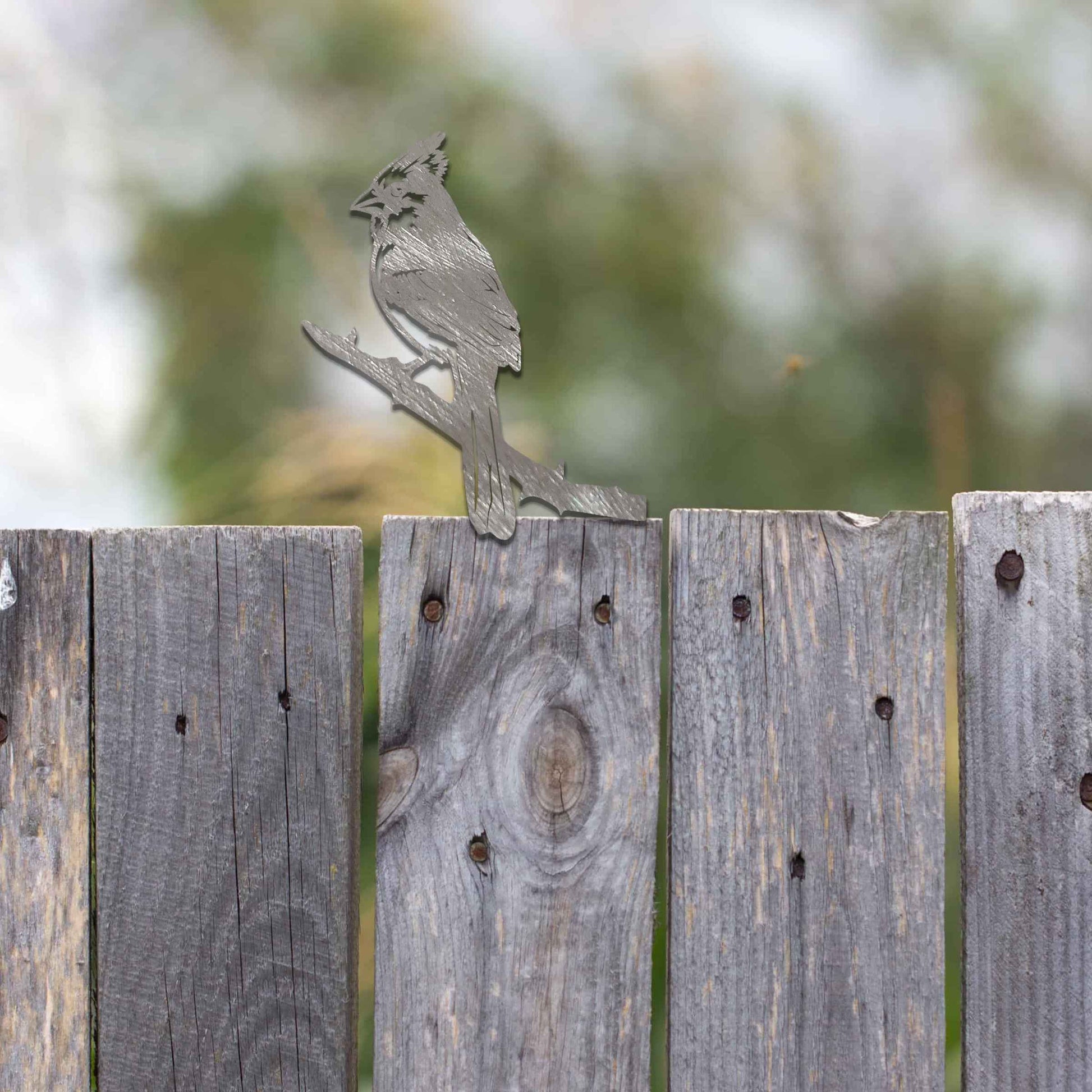 Metal garden decoration featuring a cardinal perched on a branch with intricate cutout details and a rustic finish, designed to enhance wooden fences or gates, adding a striking and natural accent to outdoor spaces.