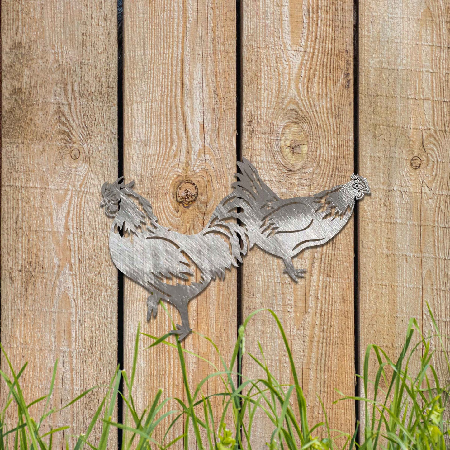 A beautifully crafted design of two roosters in motion, showcasing intricate details and bold lines. This unique piece adds a lively, rustic touch to any decor, highlighting the dynamic nature of the birds.