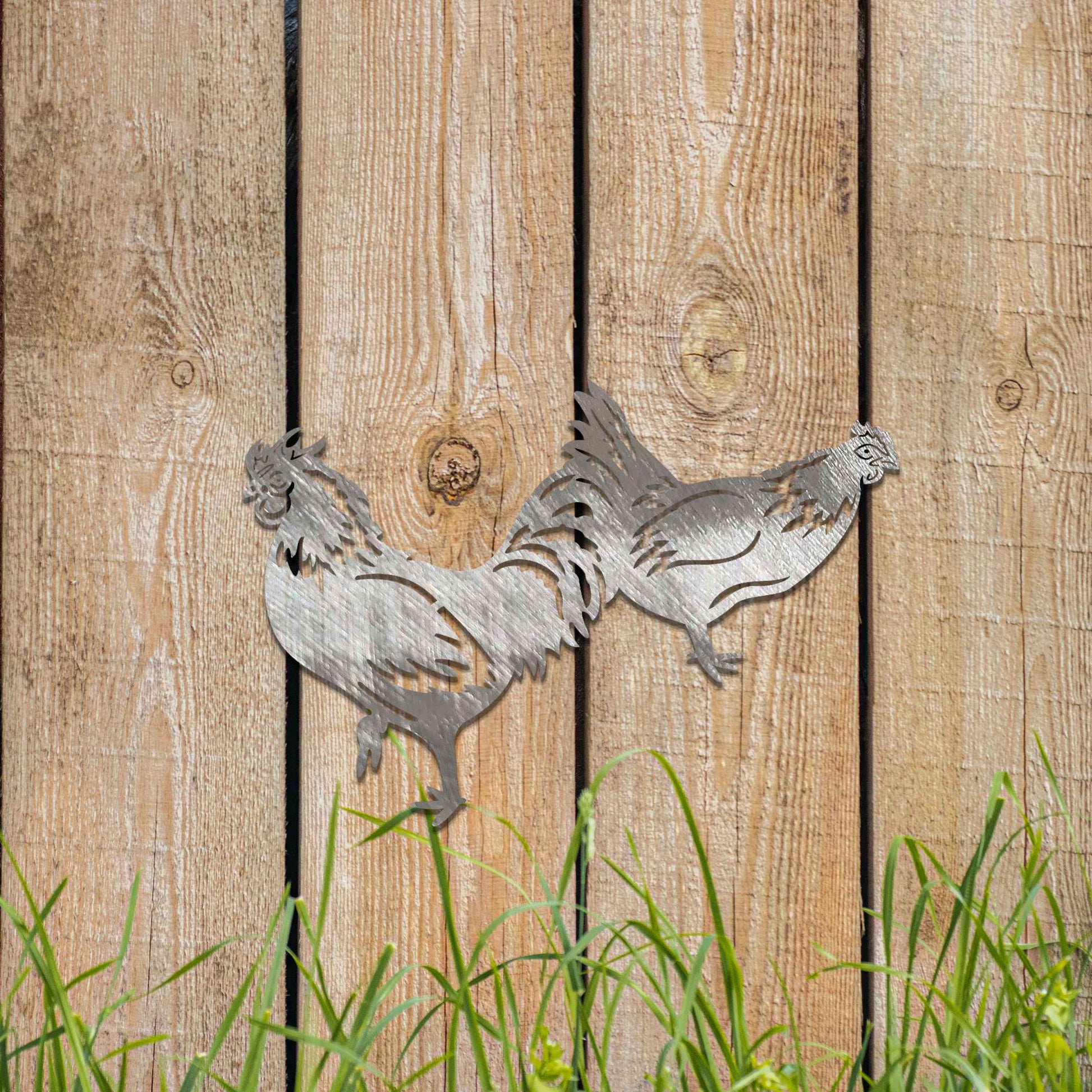 A beautifully crafted design of two roosters in motion, showcasing intricate details and bold lines. This unique piece adds a lively, rustic touch to any decor, highlighting the dynamic nature of the birds.